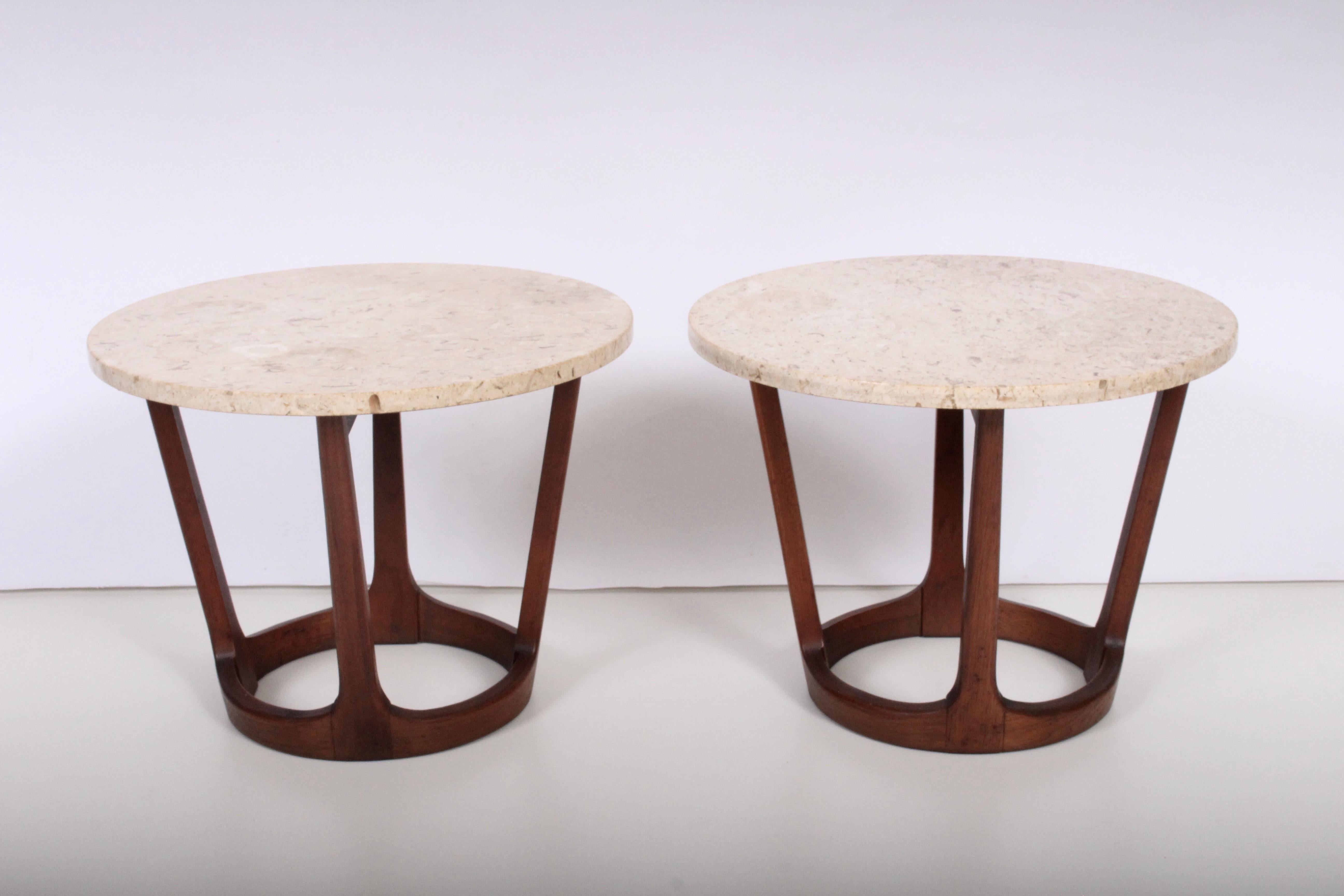 Pair of Lane American Mid-Century Modern Walnut and Round Travertine End Tables 3