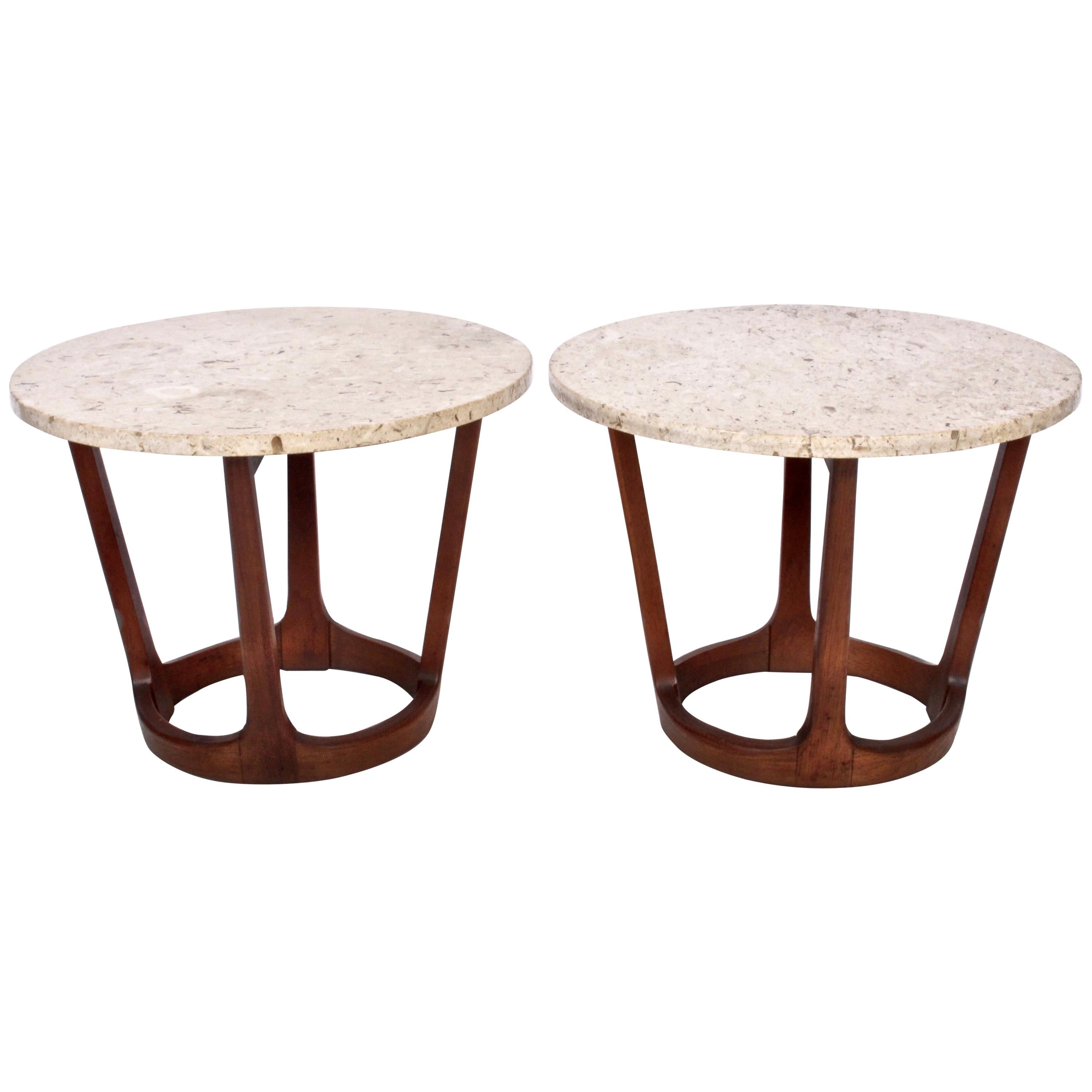 Pair of Lane American Mid-Century Modern Walnut and Round Travertine End Tables