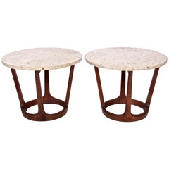 Vintage Pair of Lane American Mid-Century Modern Walnut and Round Travertine End Tables