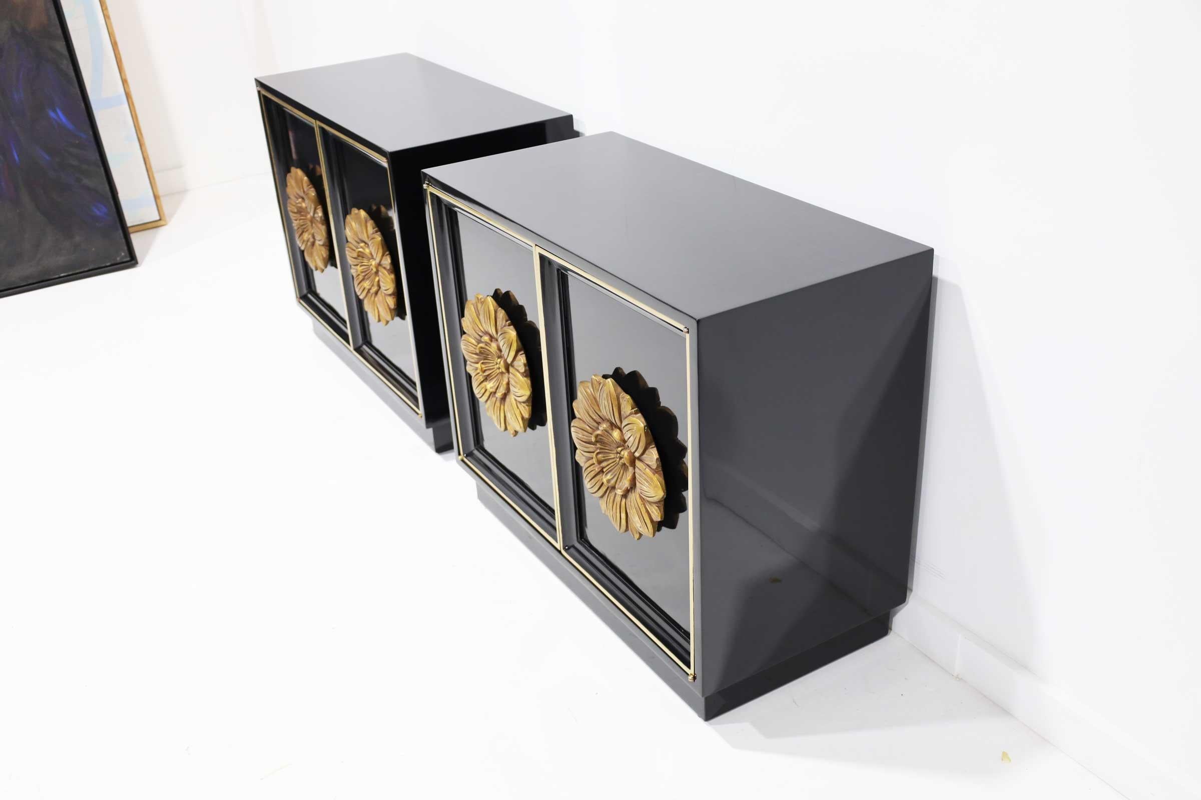 Mid-Century Modern Pair of Lane Floral Chests in Black Laquer