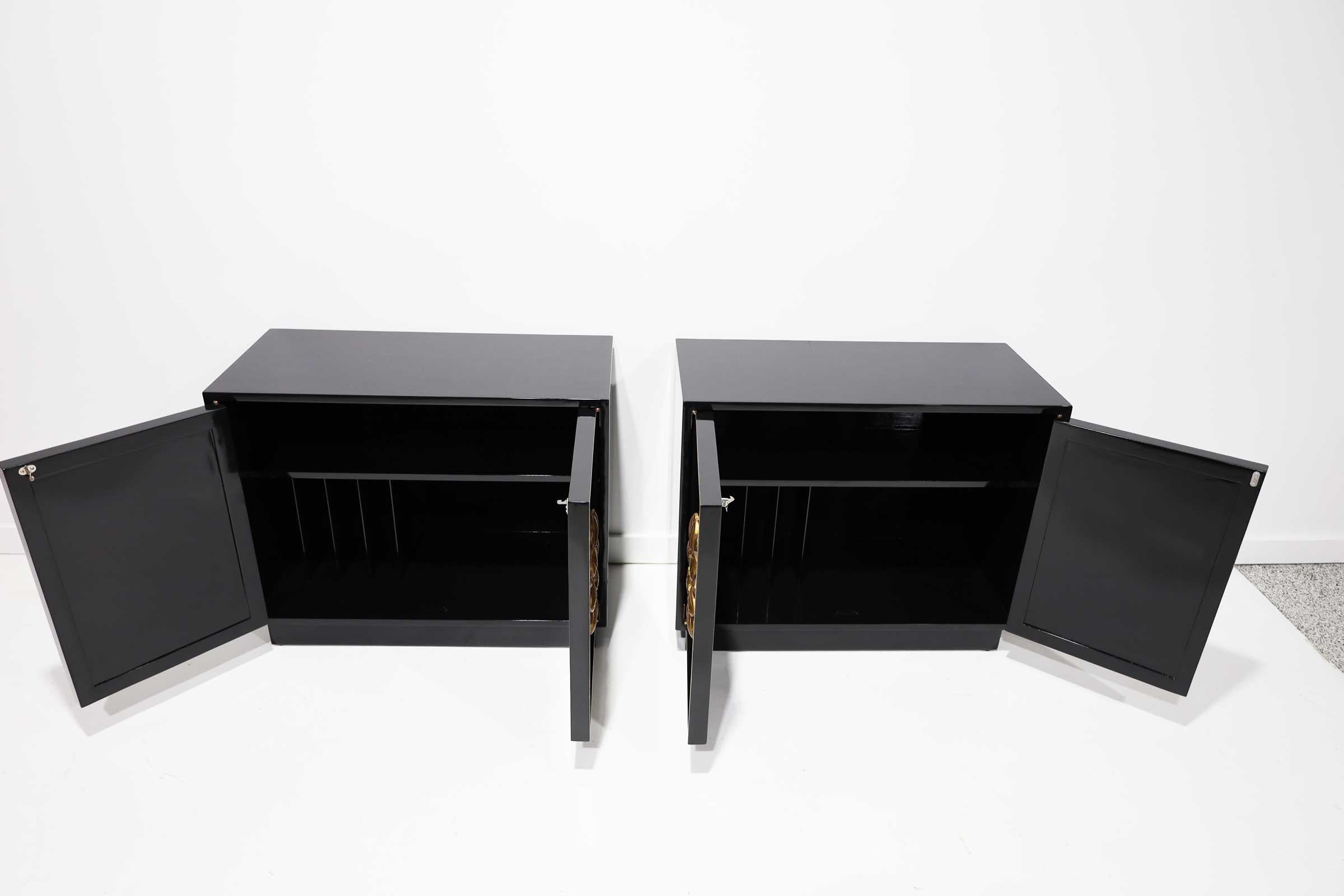 20th Century Pair of Lane Floral Chests in Black Laquer