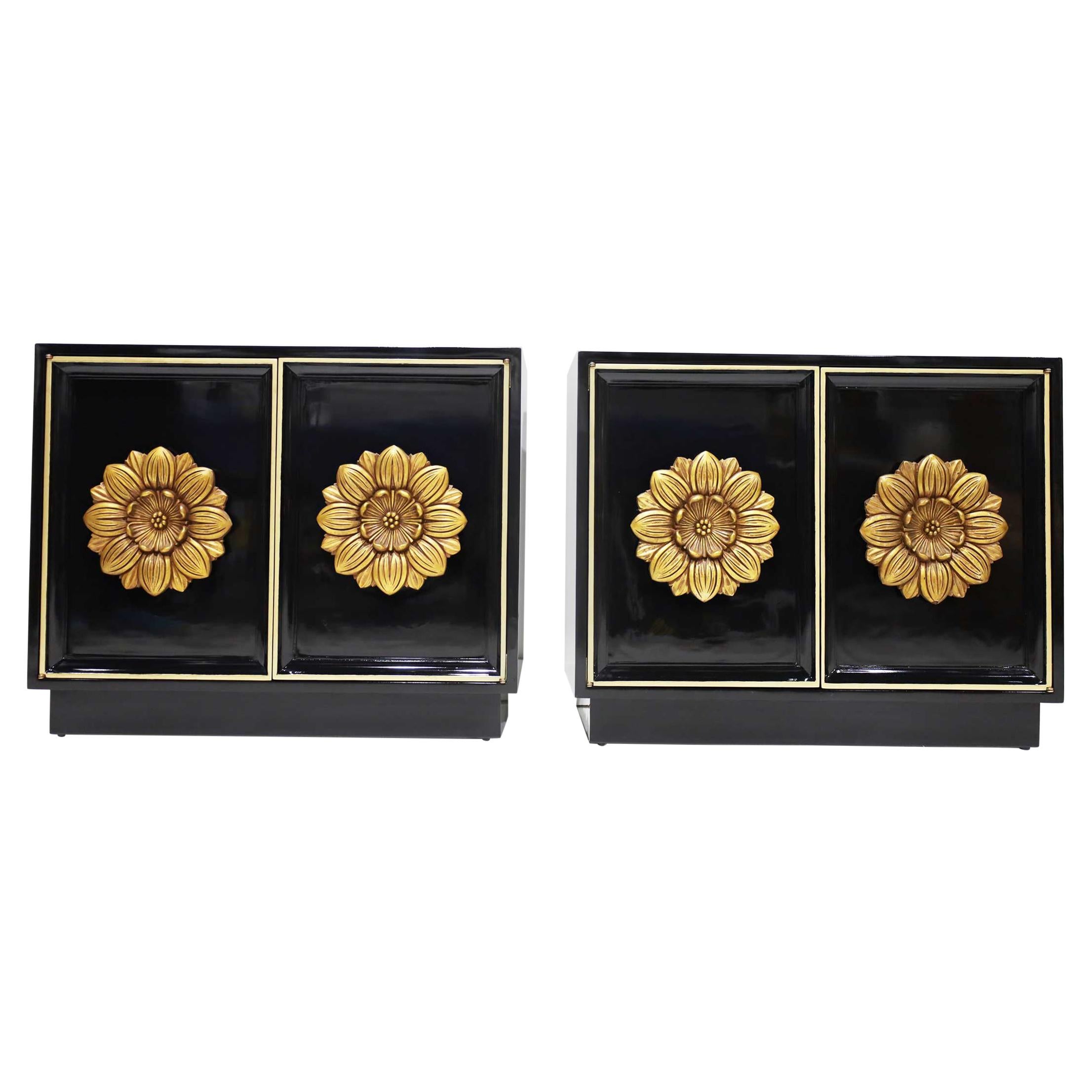 Pair of Lane Floral Chests in Black Laquer
