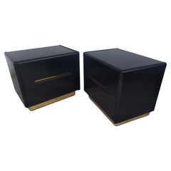Pair of Lane Furniture Black Lacquer and Brass Nightstands