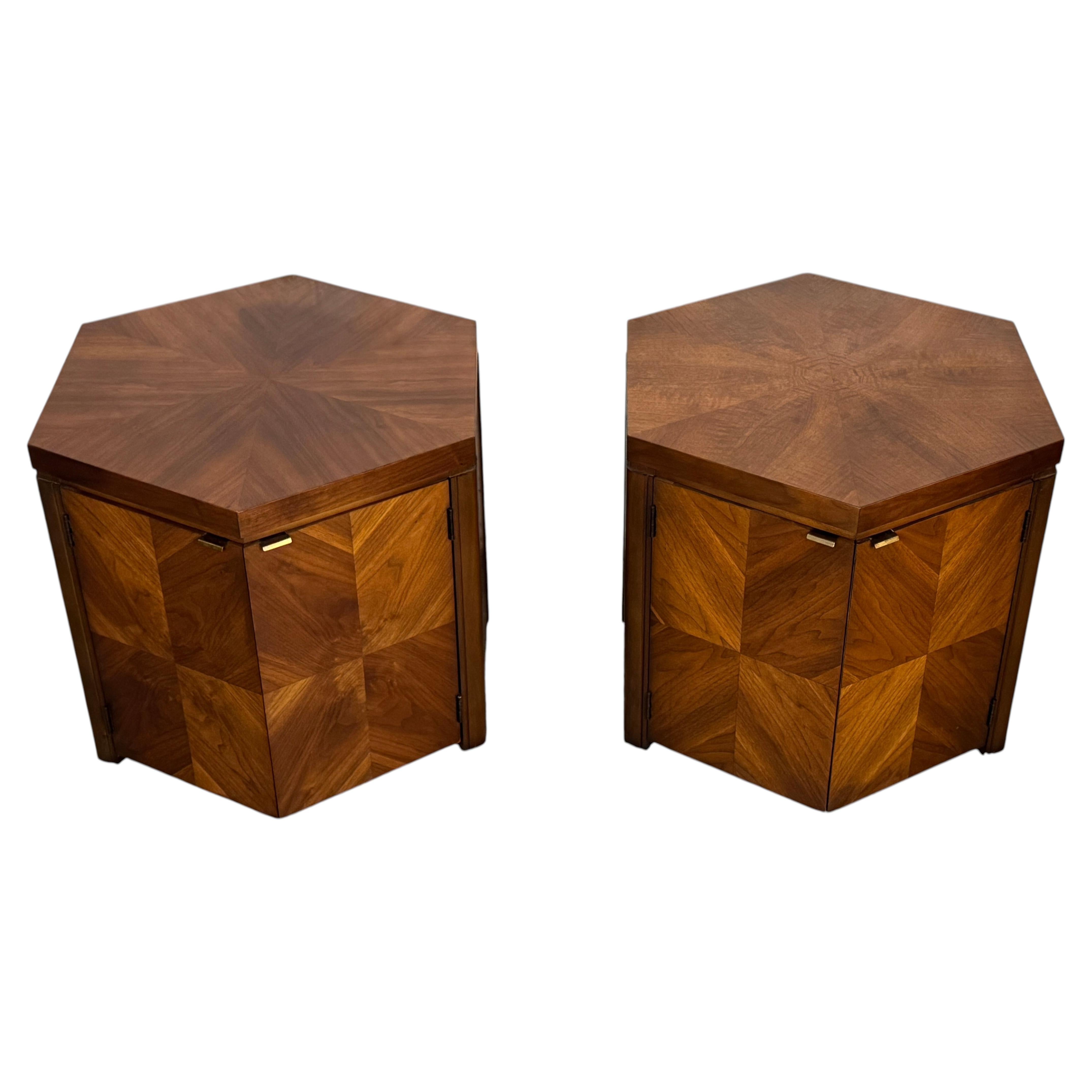 Pair of Lane Furniture Hexagonal Mid-Century Walnut Side Tables