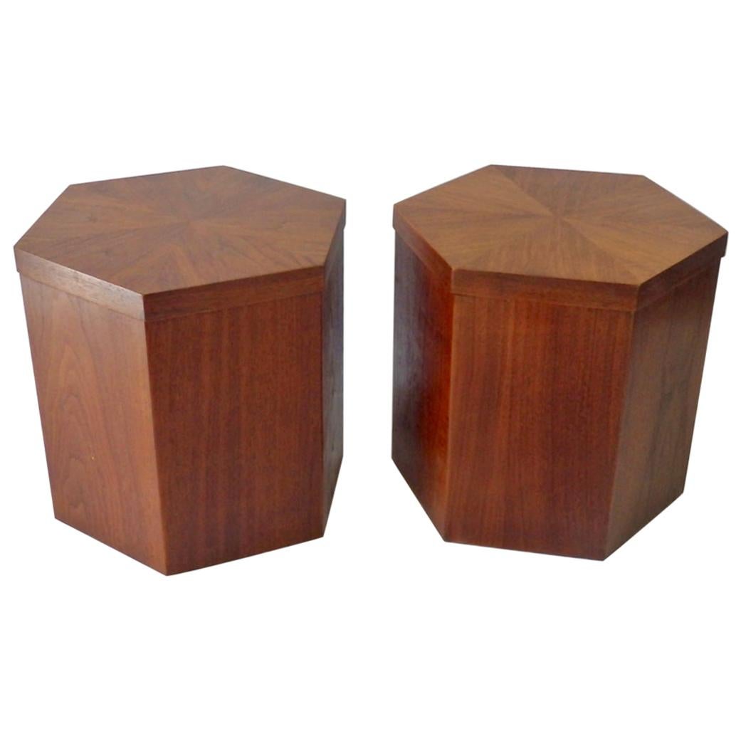 Pair of Lane Hexagonal Walnut Side Pedestal Tables