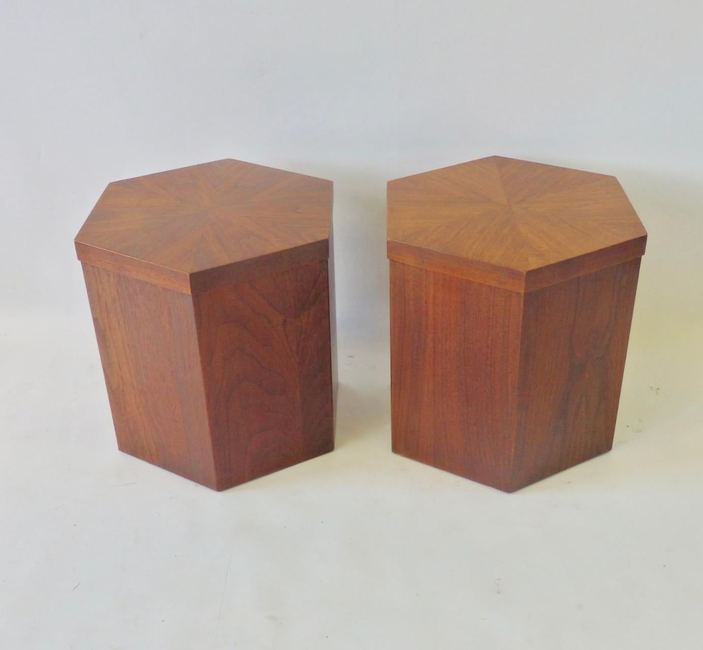 American Pair of Lane Hexagonal Walnut Side Pedestal Tables Priced Separately