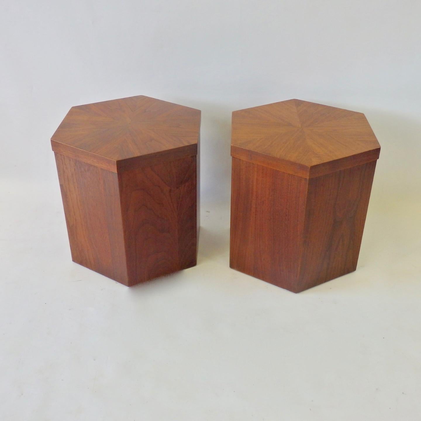 Pair of Lane Hexagonal Walnut Side Pedestal Tables Priced Separately In Good Condition In Ferndale, MI