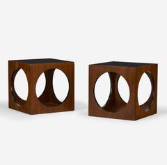 Pair of Lane Mid Century Cube Side End Tables Nightstands Walnut & Smoked Glass