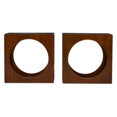 Pair of Lane Mid Century Cube Side End Tables Nightstands Walnut & Smoked Glass