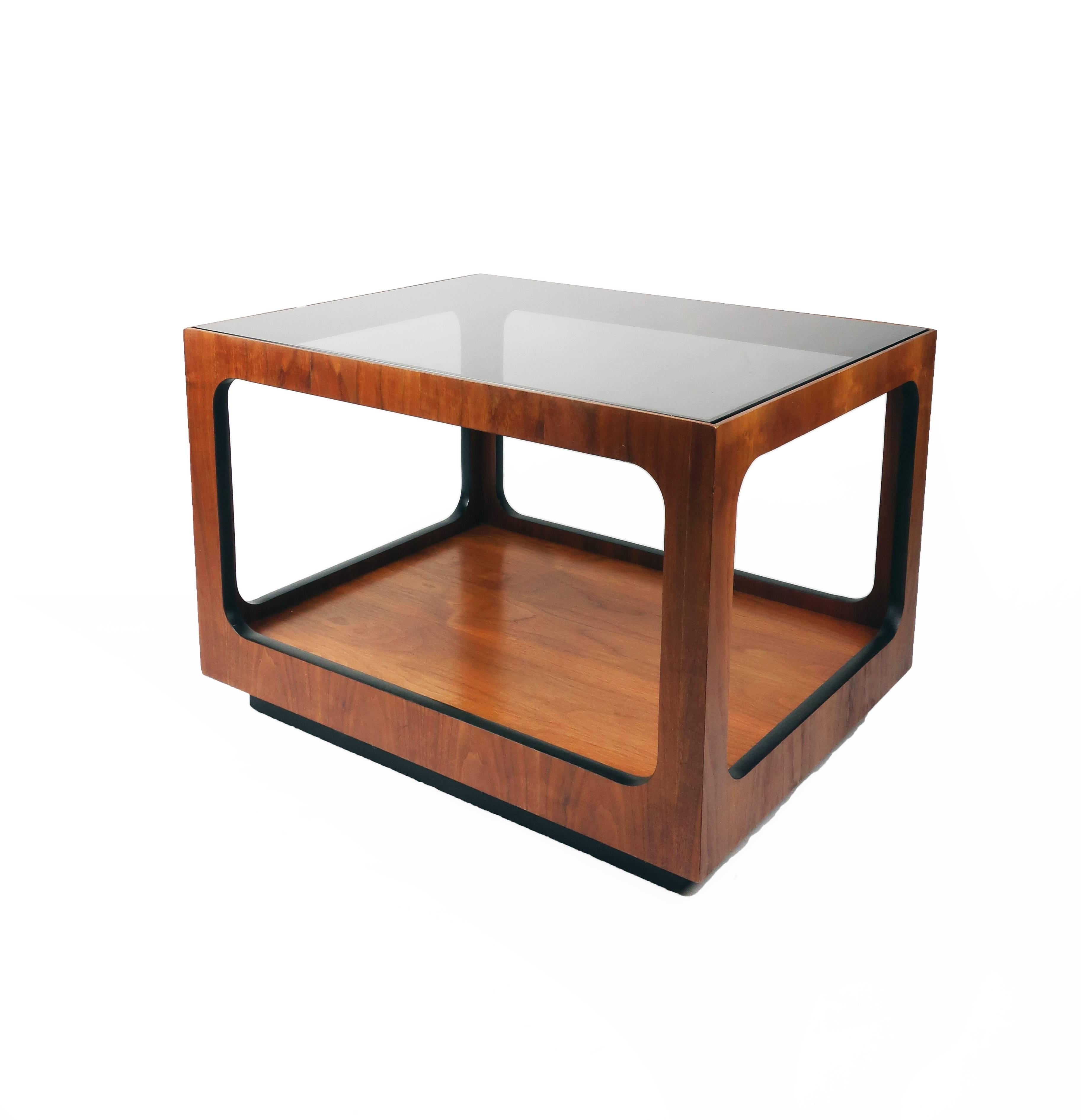 Mid-Century Modern Pair of Lane Walnut and Smoked Glass Side Tables