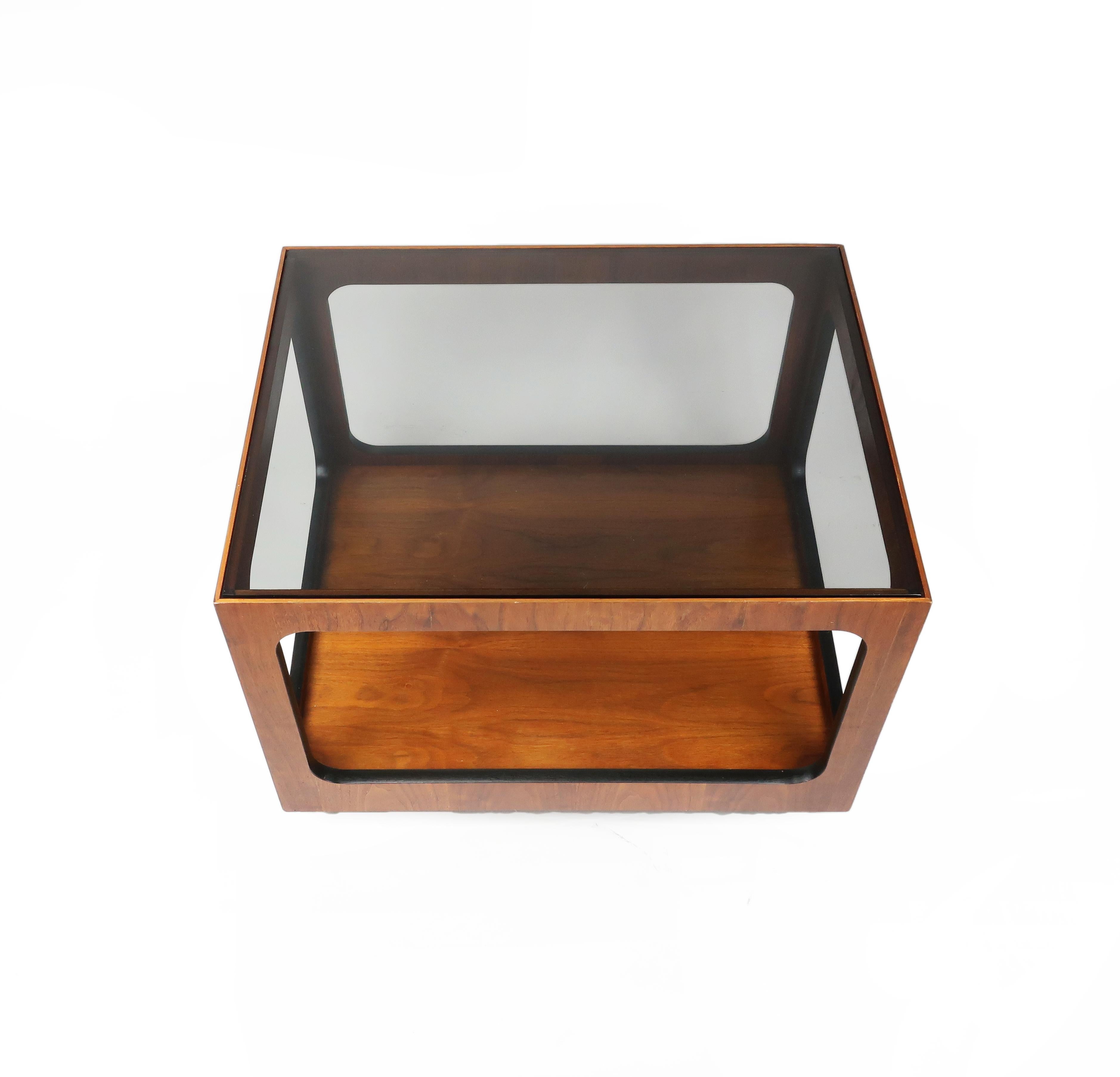 American Pair of Lane Walnut and Smoked Glass Side Tables