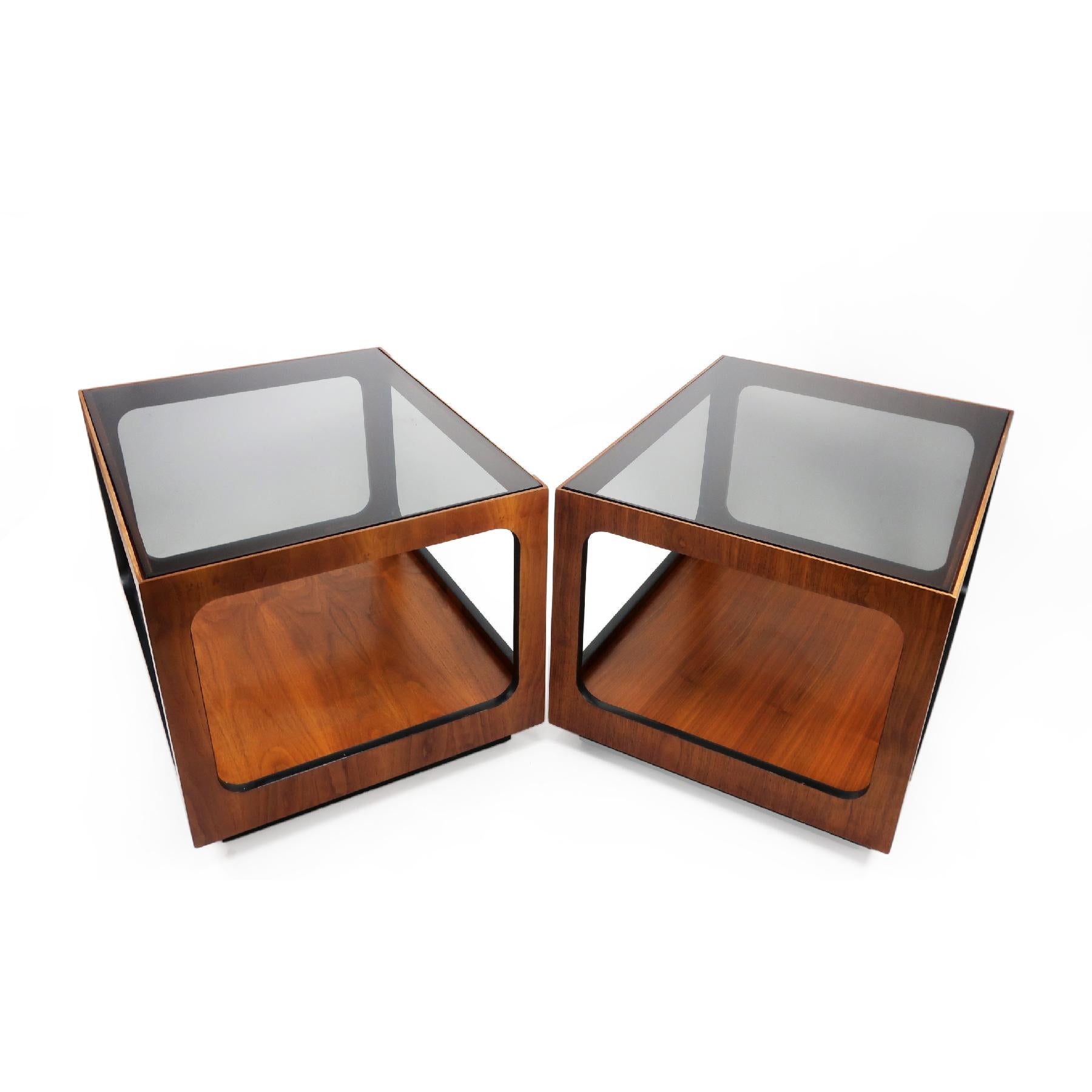 20th Century Pair of Lane Walnut and Smoked Glass Side Tables