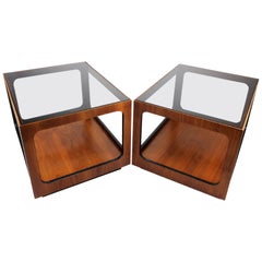 Pair of Lane Walnut and Smoked Glass Side Tables