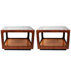 Pair of Lane Walnut and Smoked Glass Side Tables