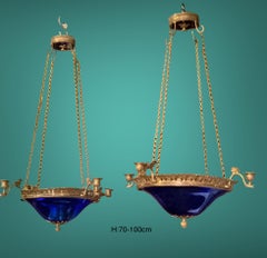 Pair of Lanterns, Blue Bowls and gilt bronze, Neo-classic, Empire Baltic Style