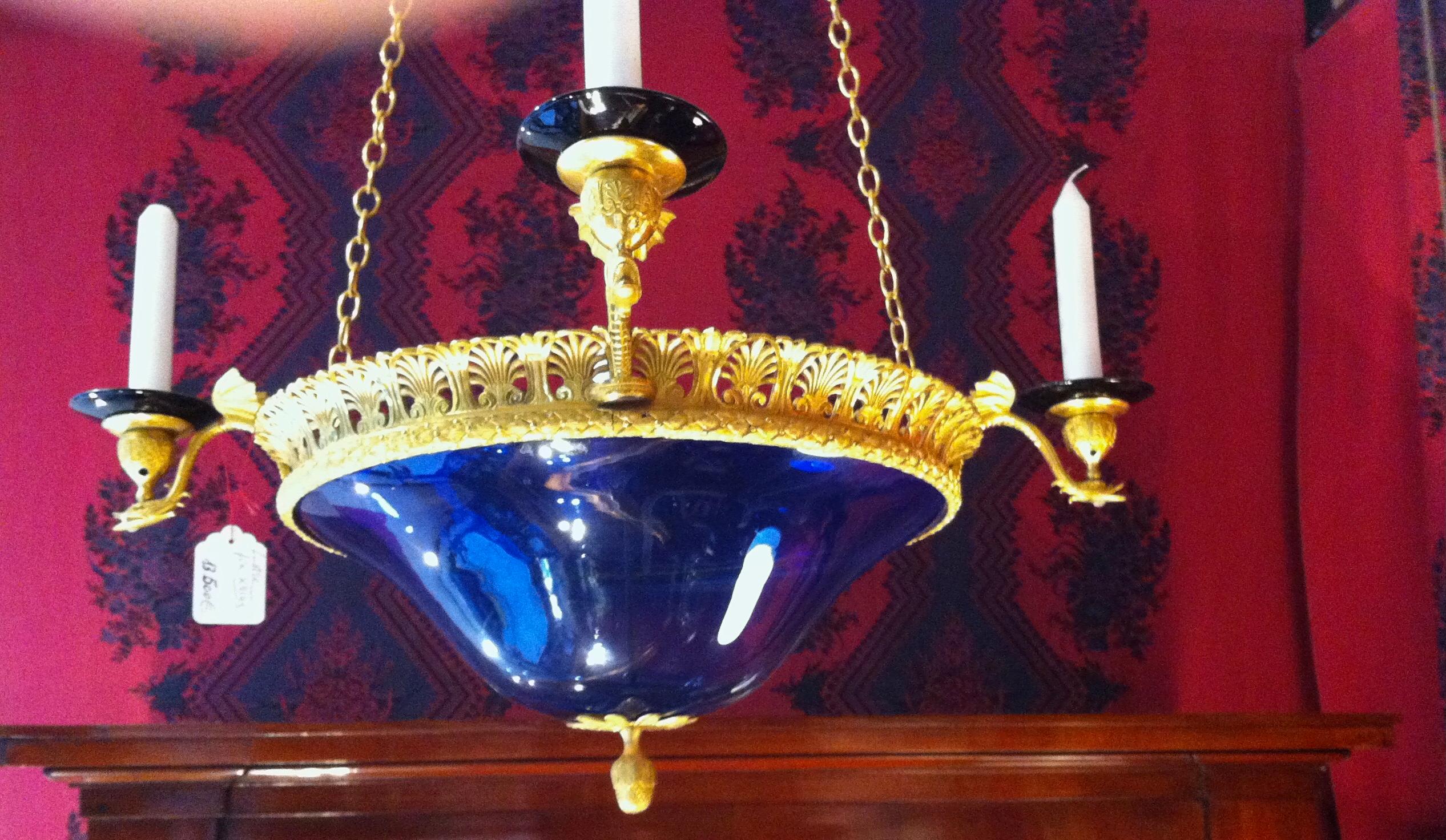 Swedish Pair of Lanterns, Blue Bowls and gilt bronze, Neo-classic, Empire Baltic Style  For Sale