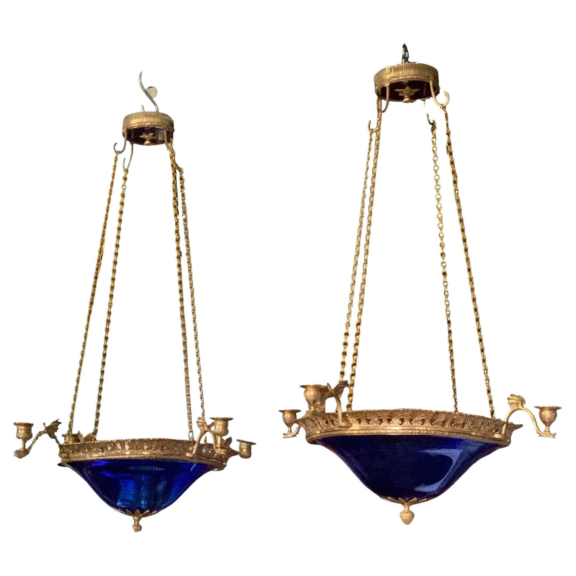 Pair of Lanterns, Blue Bowls and gilt bronze, Neo-classic, Empire Baltic Style  For Sale