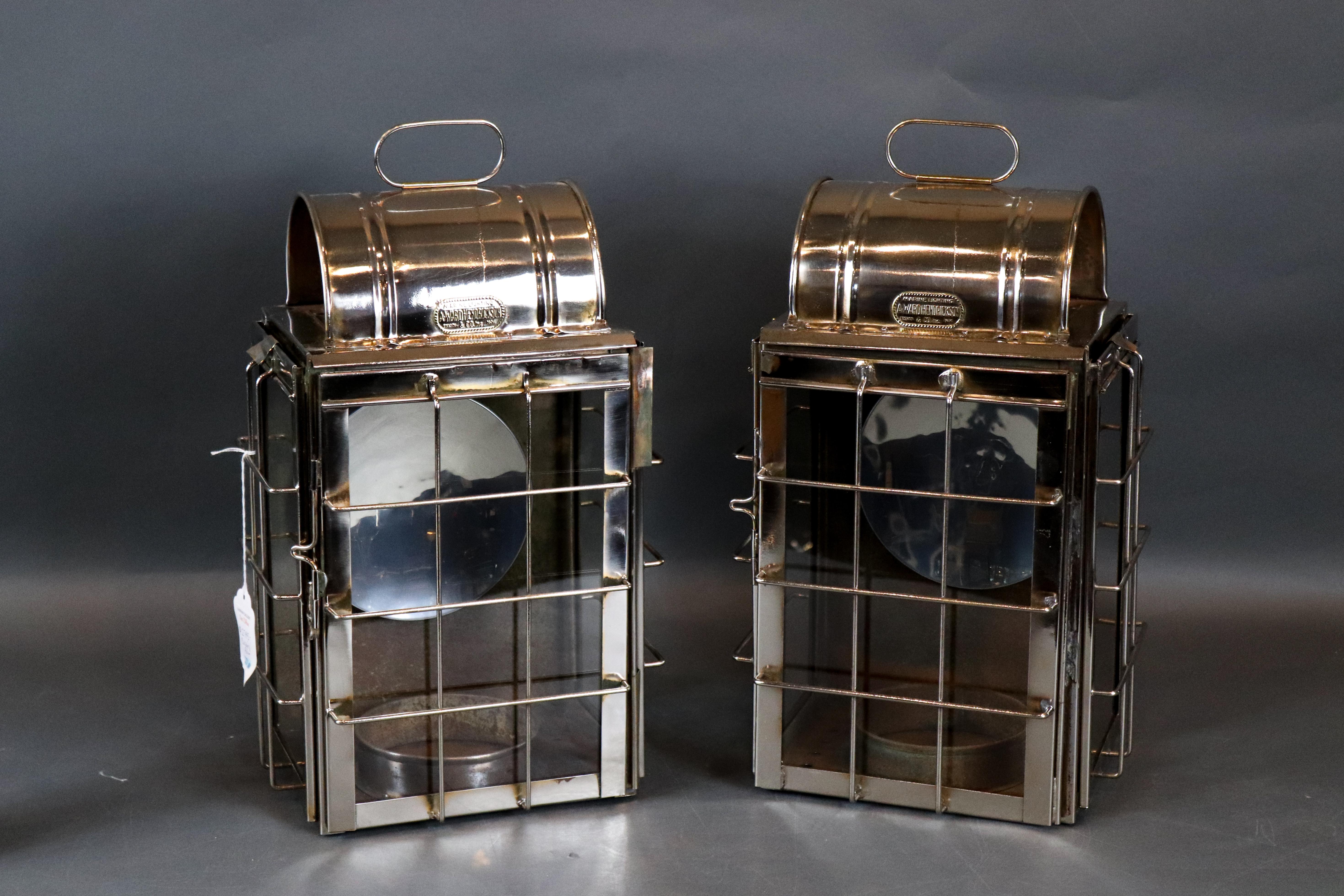 Fine pair of chrome-plated yacht cabin lanterns. With protective cages, carry handles, reflectors by A. Ward Hendrickson. Measures: 19 1/2