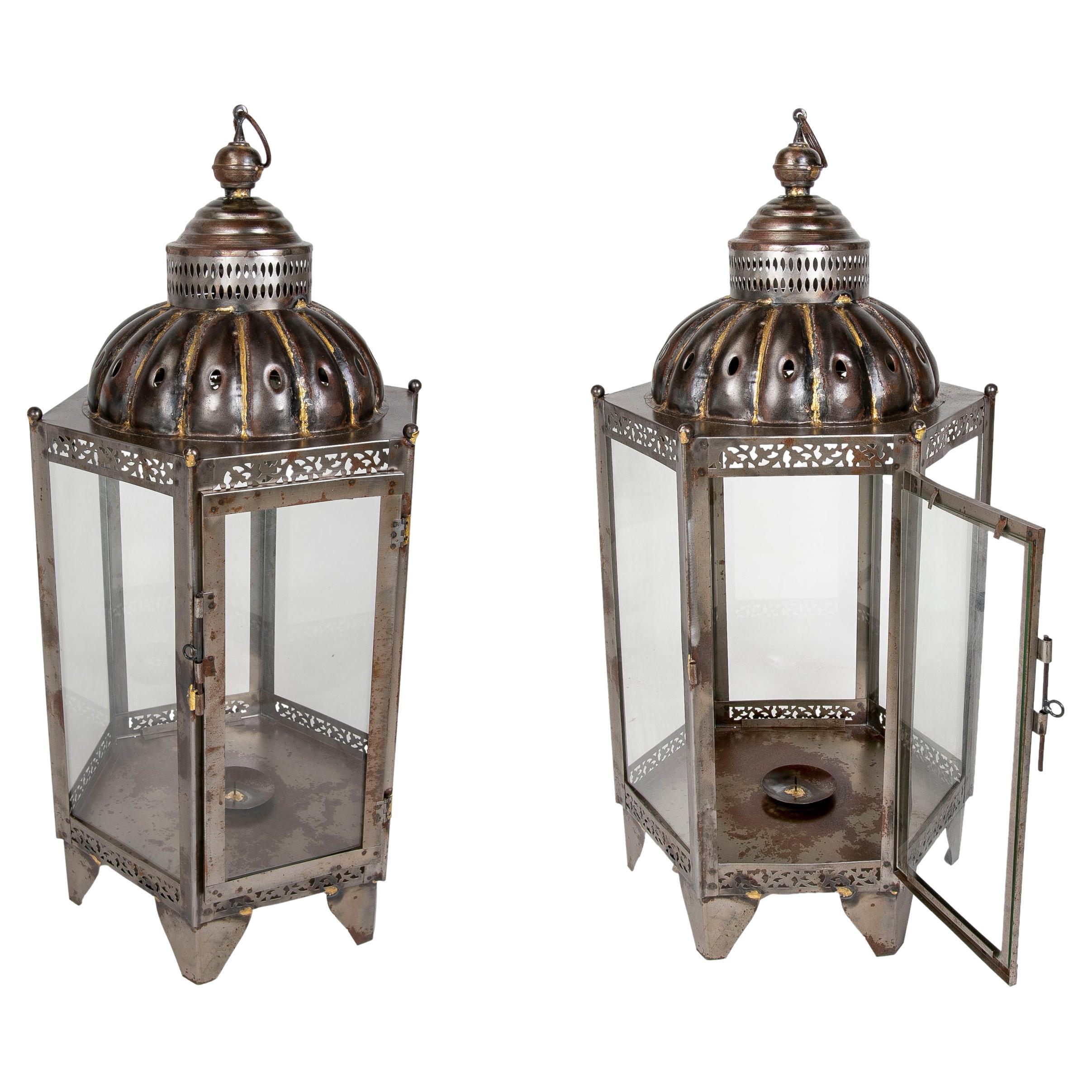 Pair of Lanterns for Floor or Iron Lamp with Crystals For Sale