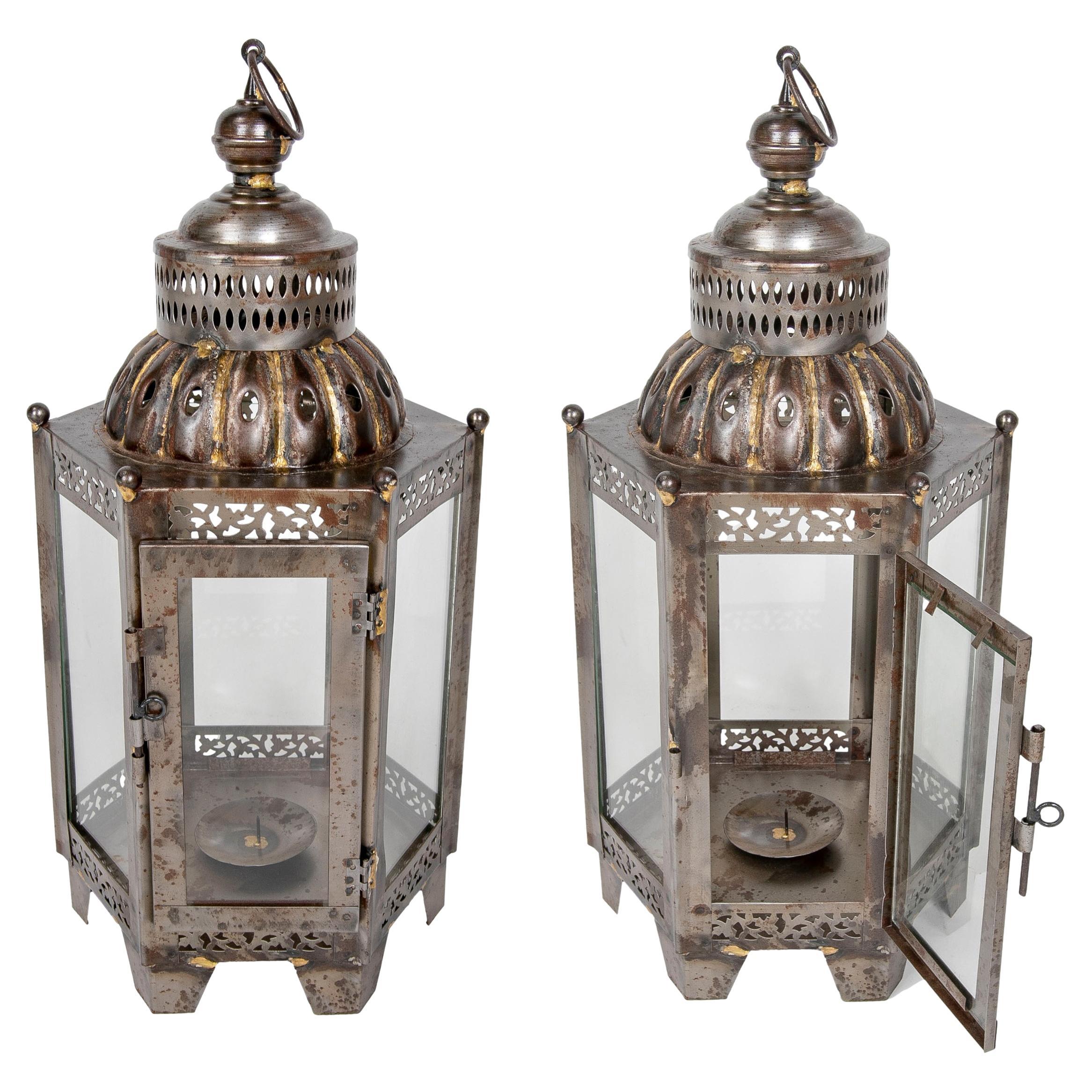 Pair of Lanterns for Floor or Iron Lamp with Crystals For Sale