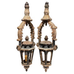 Pair of Lanterns, Italian Gold Leaf and Black, Antique