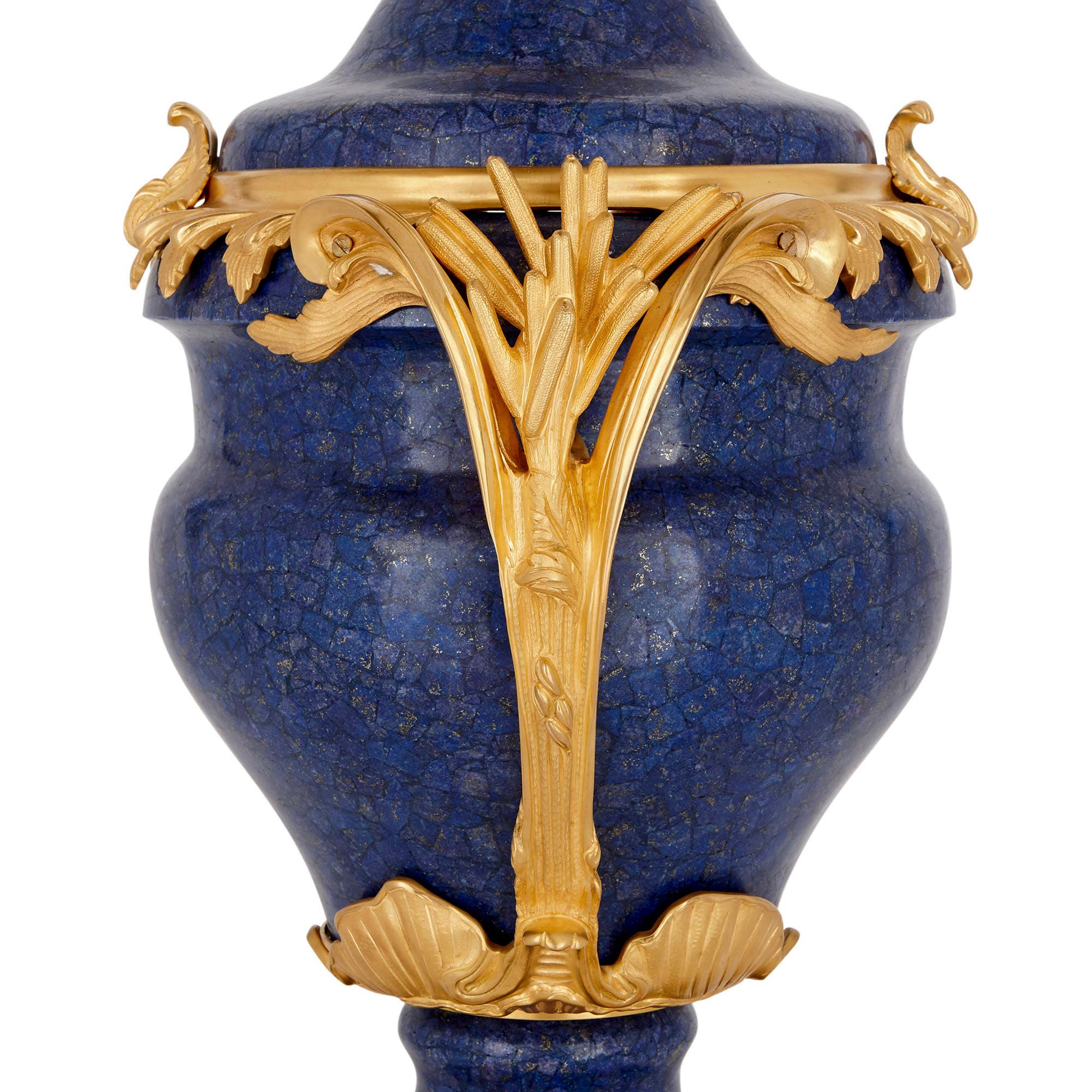 French Pair of lapis and gilt bronze krater vases For Sale