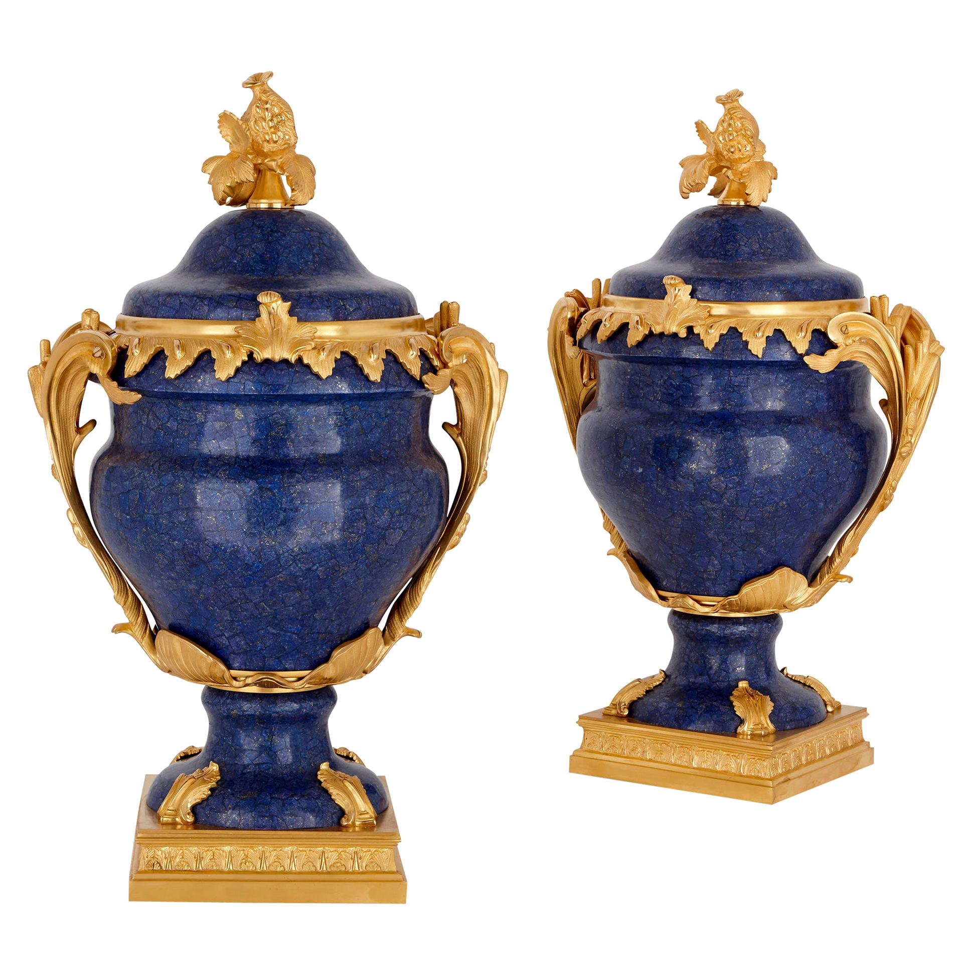 Pair of lapis and gilt bronze krater vases For Sale