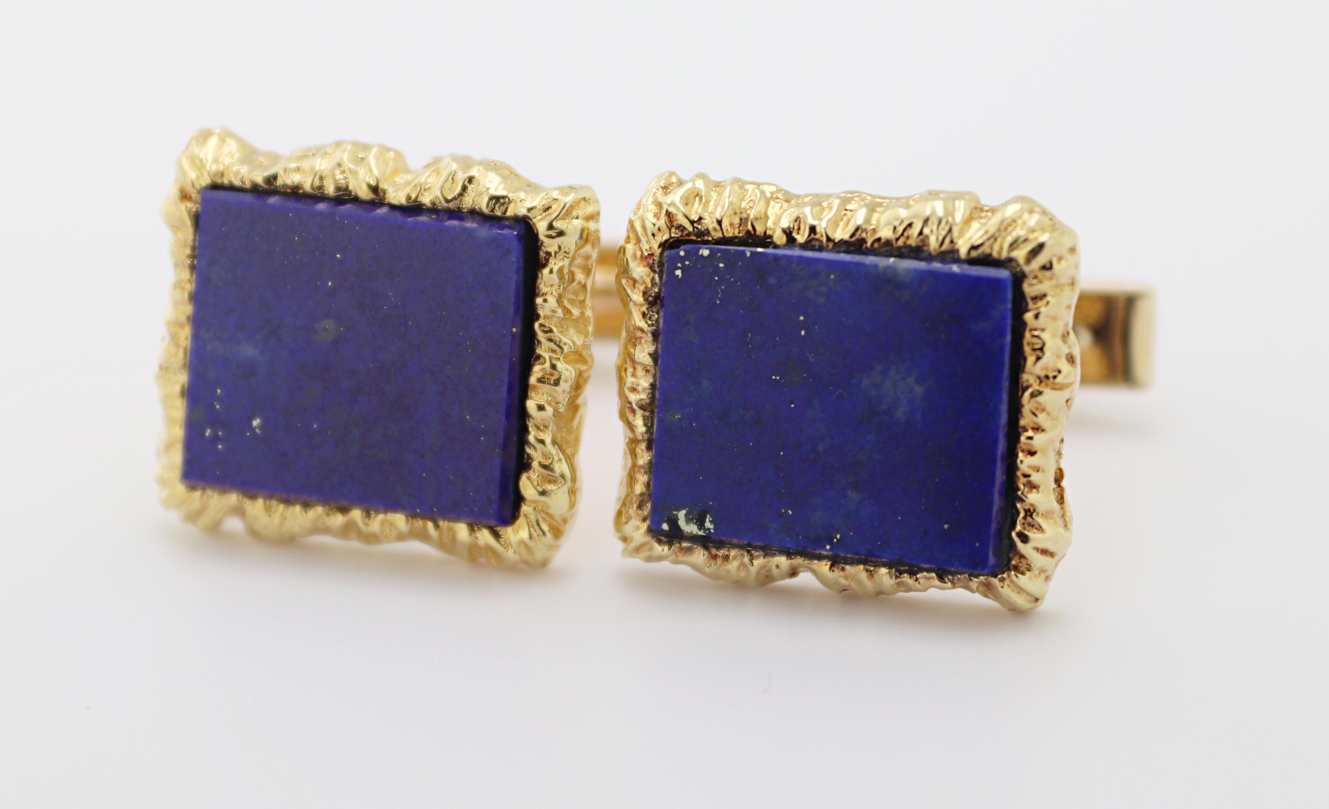 Paire de boutons de manchette en or jaune 14 carats et lapis-lazuli en vente 1