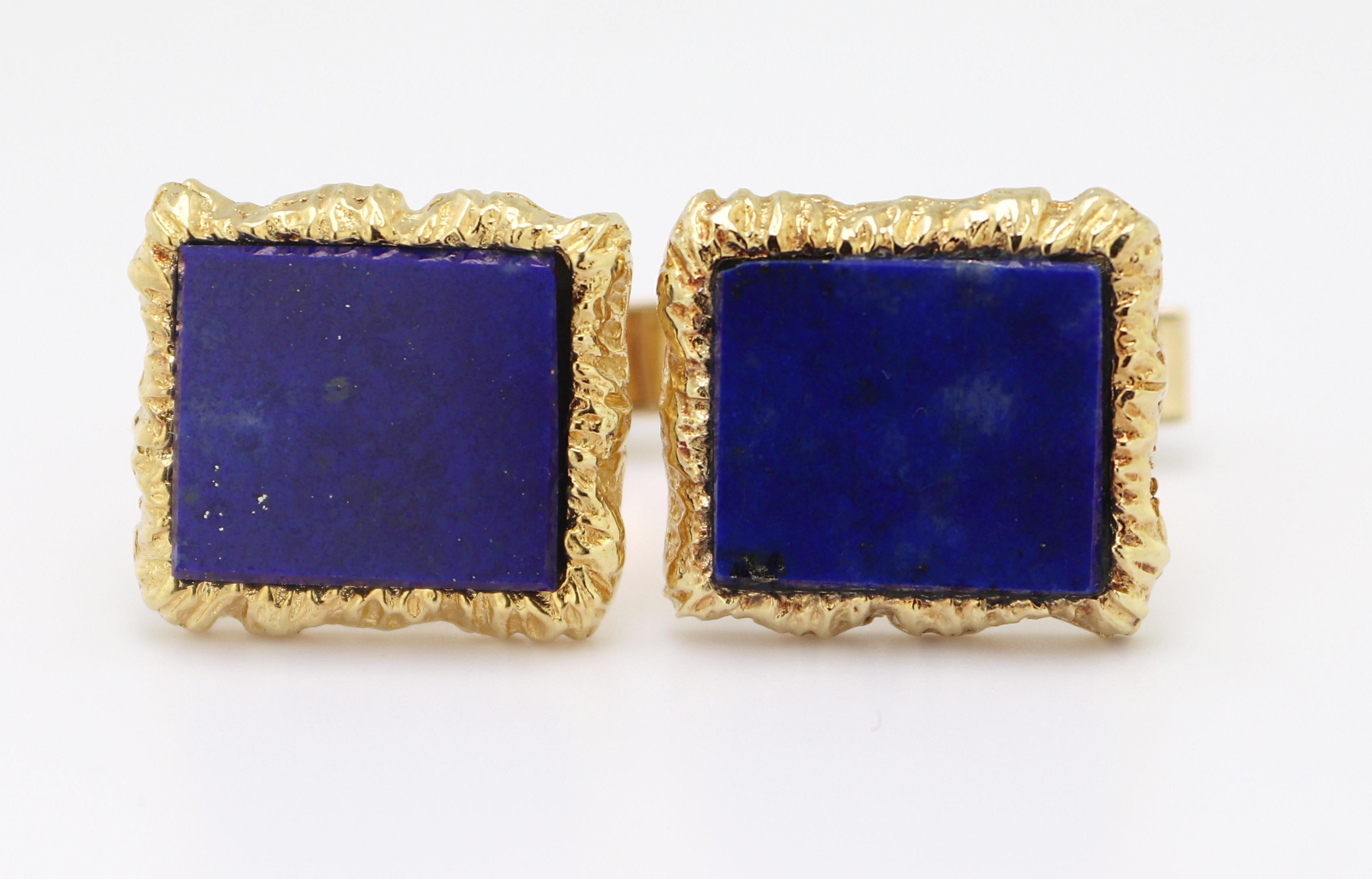 Paire de boutons de manchette en or jaune 14 carats et lapis-lazuli en vente 2