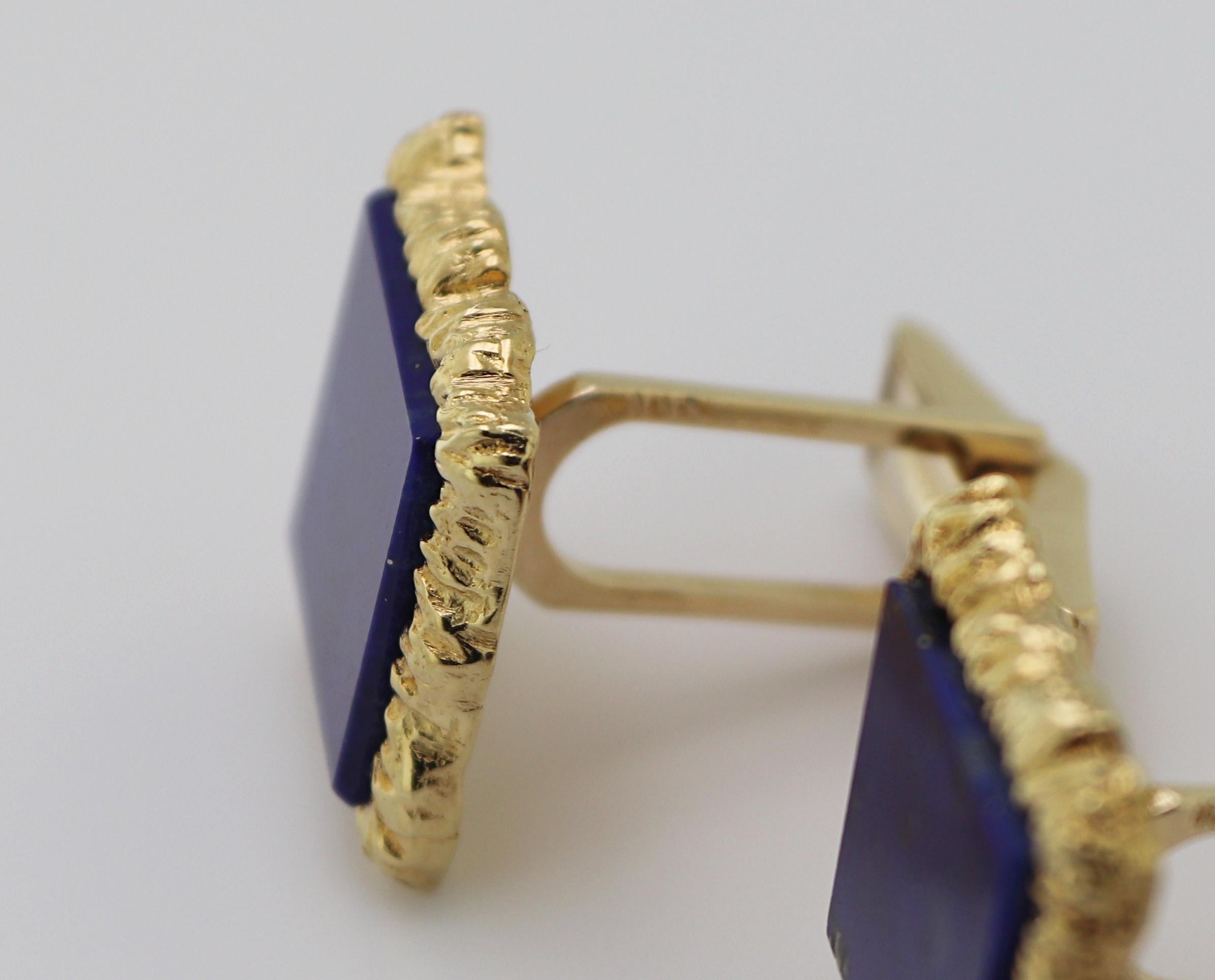 Paire de boutons de manchette en or jaune 14 carats et lapis-lazuli en vente 3