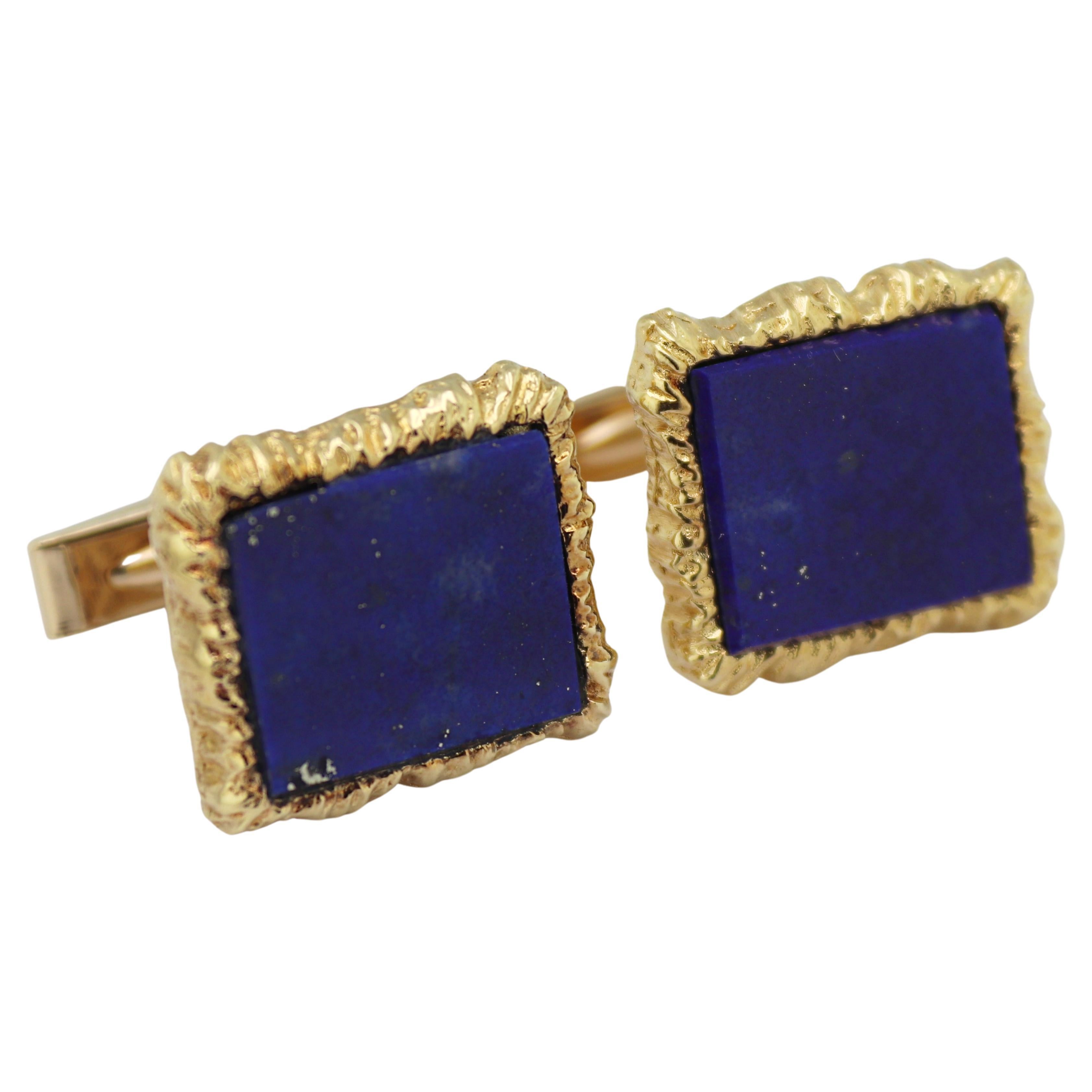 Paire de boutons de manchette en or jaune 14 carats et lapis-lazuli en vente