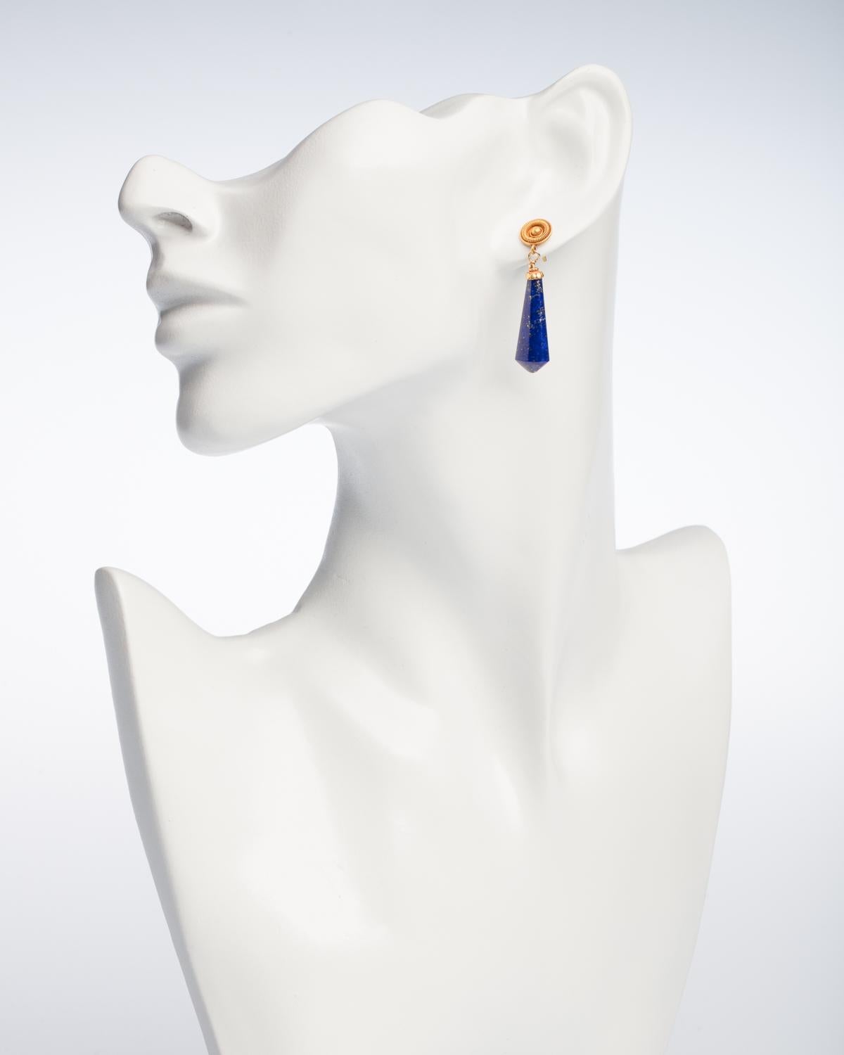 Women's or Men's Pair of Lapis Lazuli and 22 Karat Gold Drop Earrings