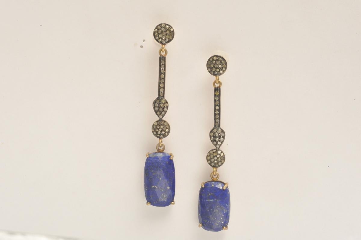 Women's or Men's Pair of Lapis Lazuli and Diamond Drop Earrings