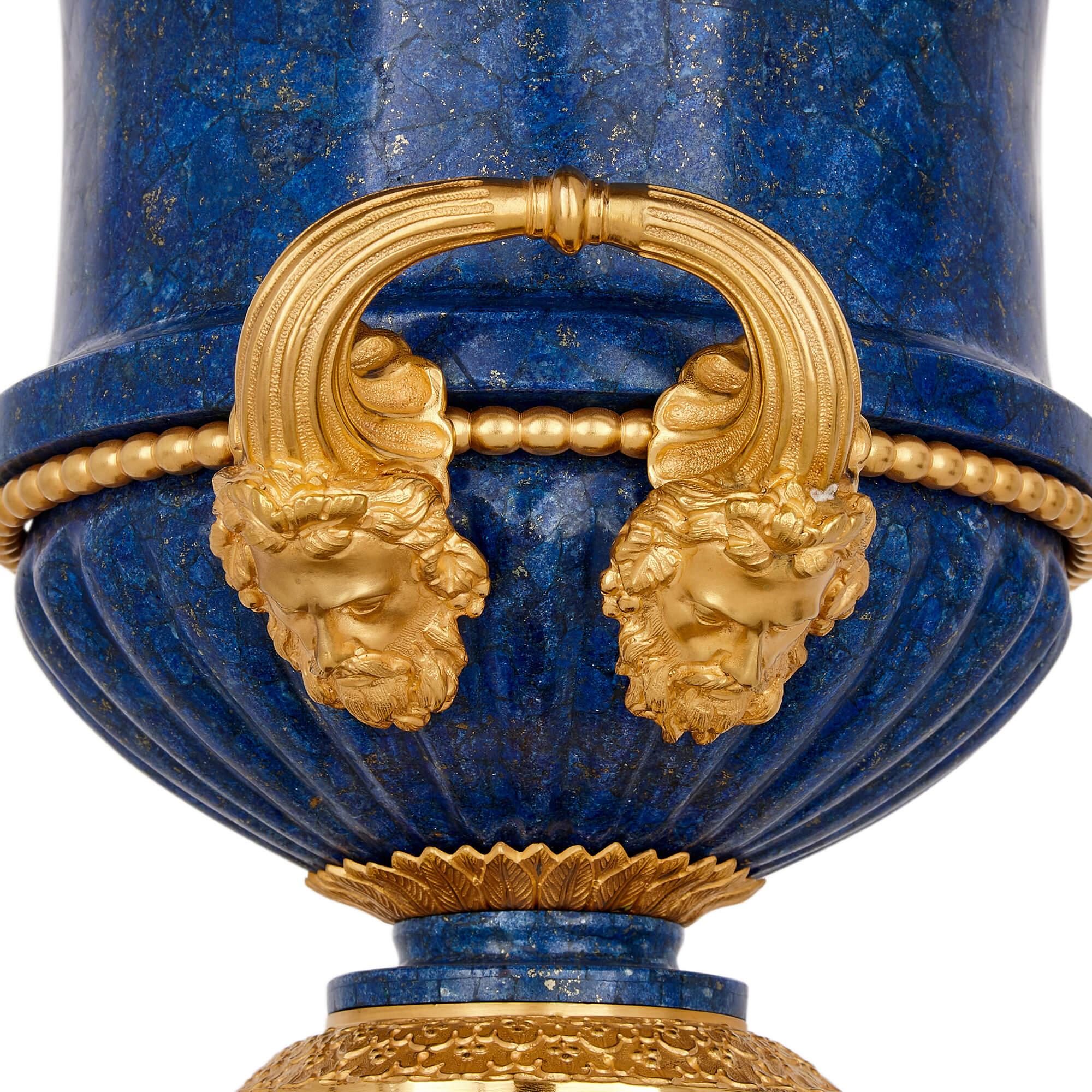 French Pair of Lapis Lazuli and Ormolu Mounted 'Medici' Vases After Galberg For Sale