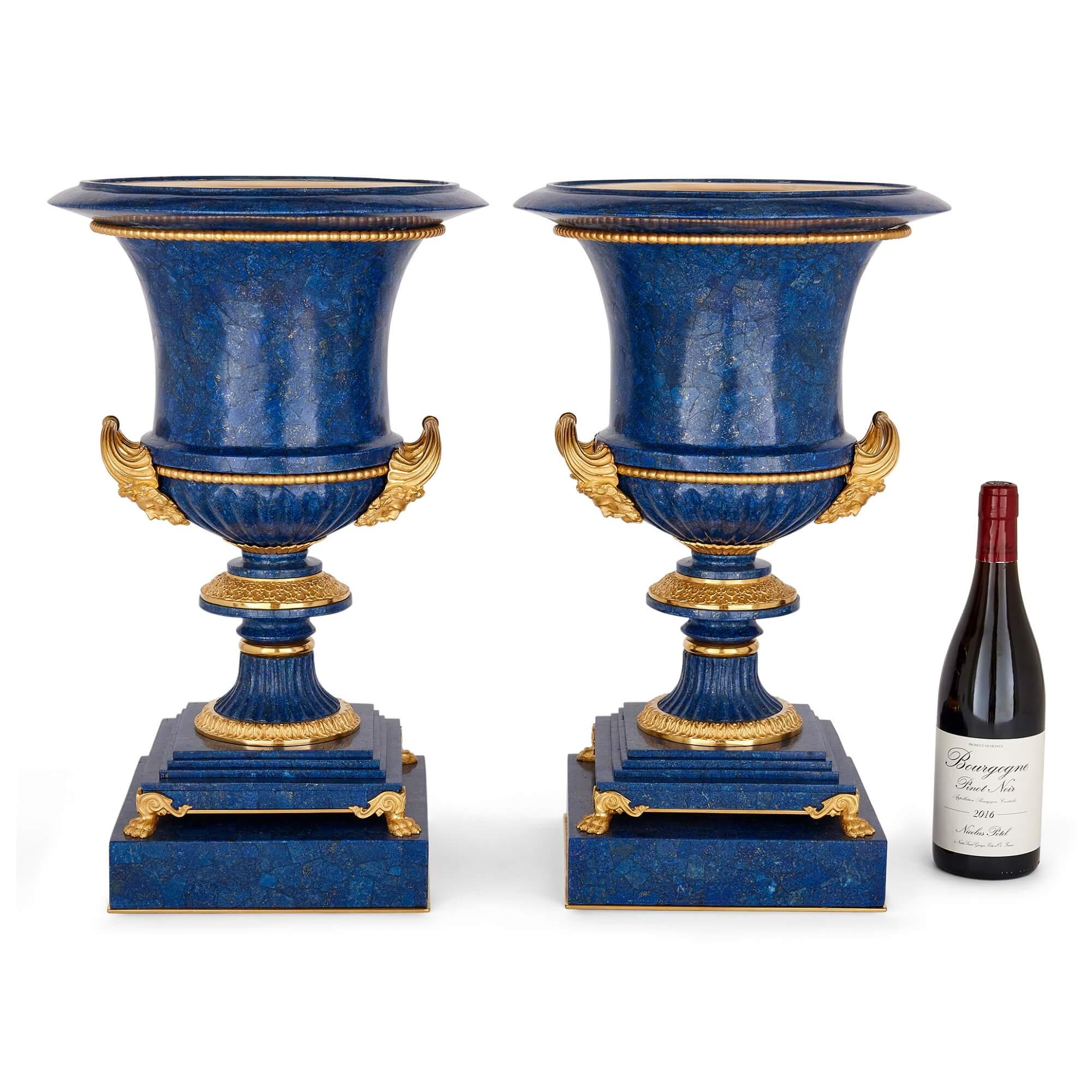 20th Century Pair of Lapis Lazuli and Ormolu Mounted 'Medici' Vases After Galberg For Sale