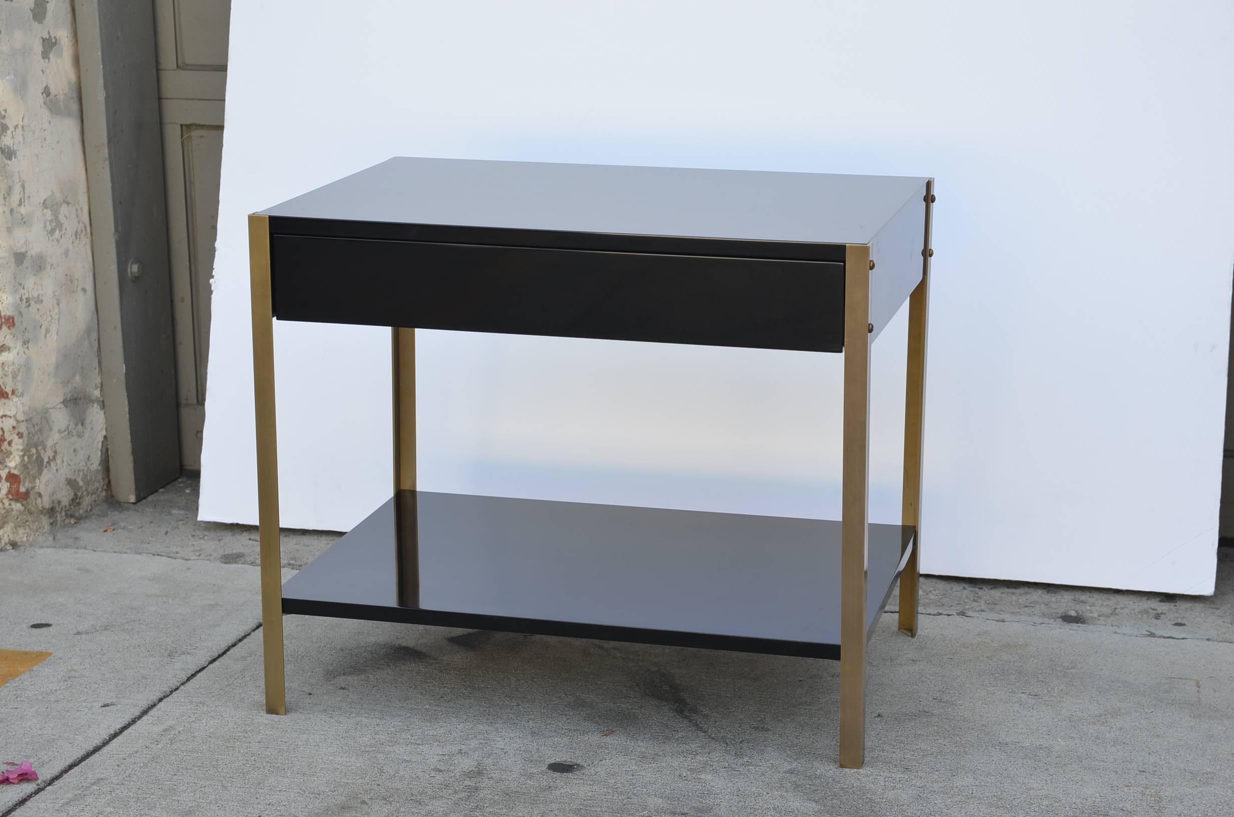 Modern Pair of 'Laque' Black Lacquer and Brass Nightstands by Design Frères