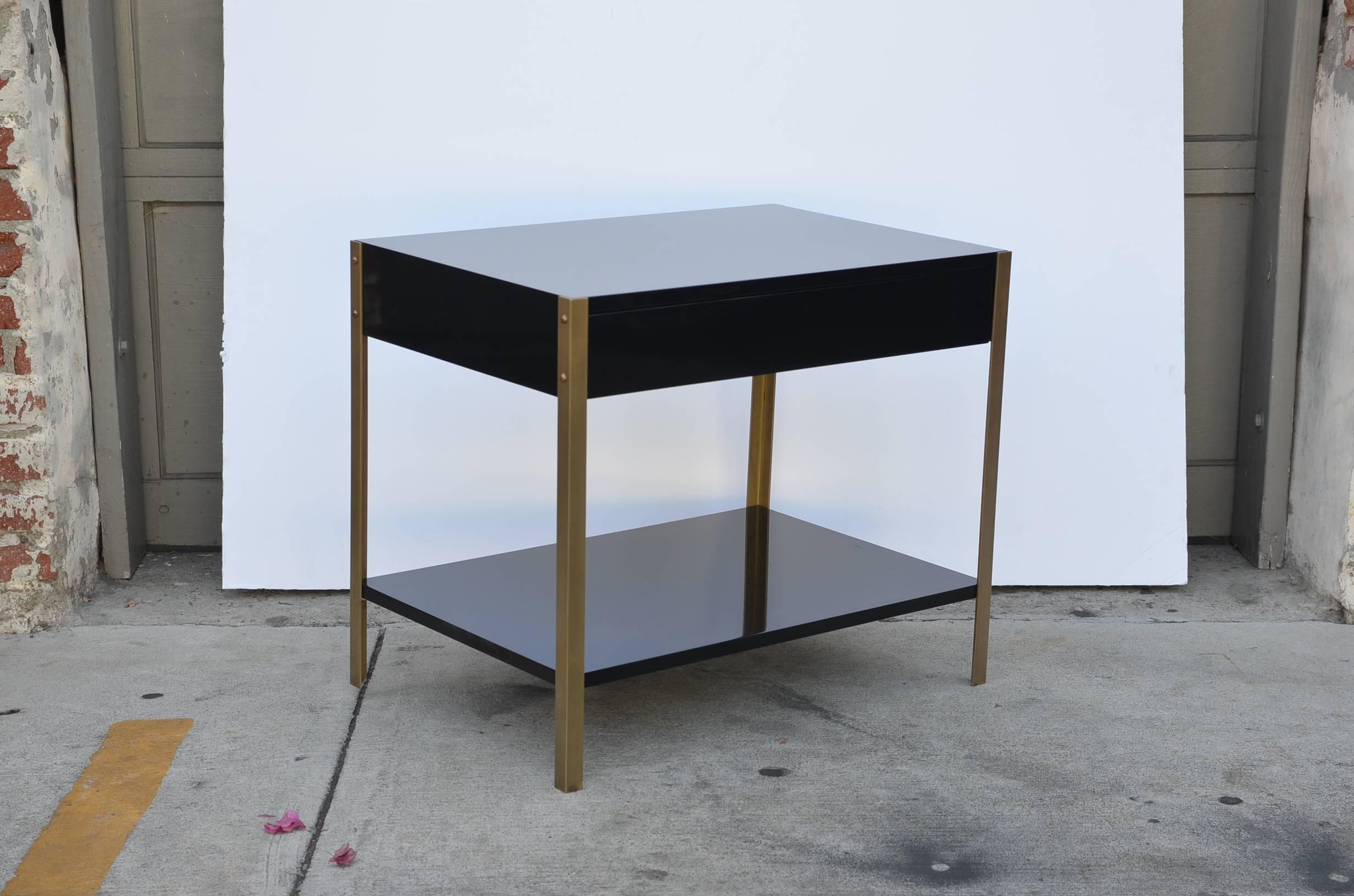 Pair of 'Laque' Black Lacquer and Brass Nightstands by Design Frères In Excellent Condition In Los Angeles, CA