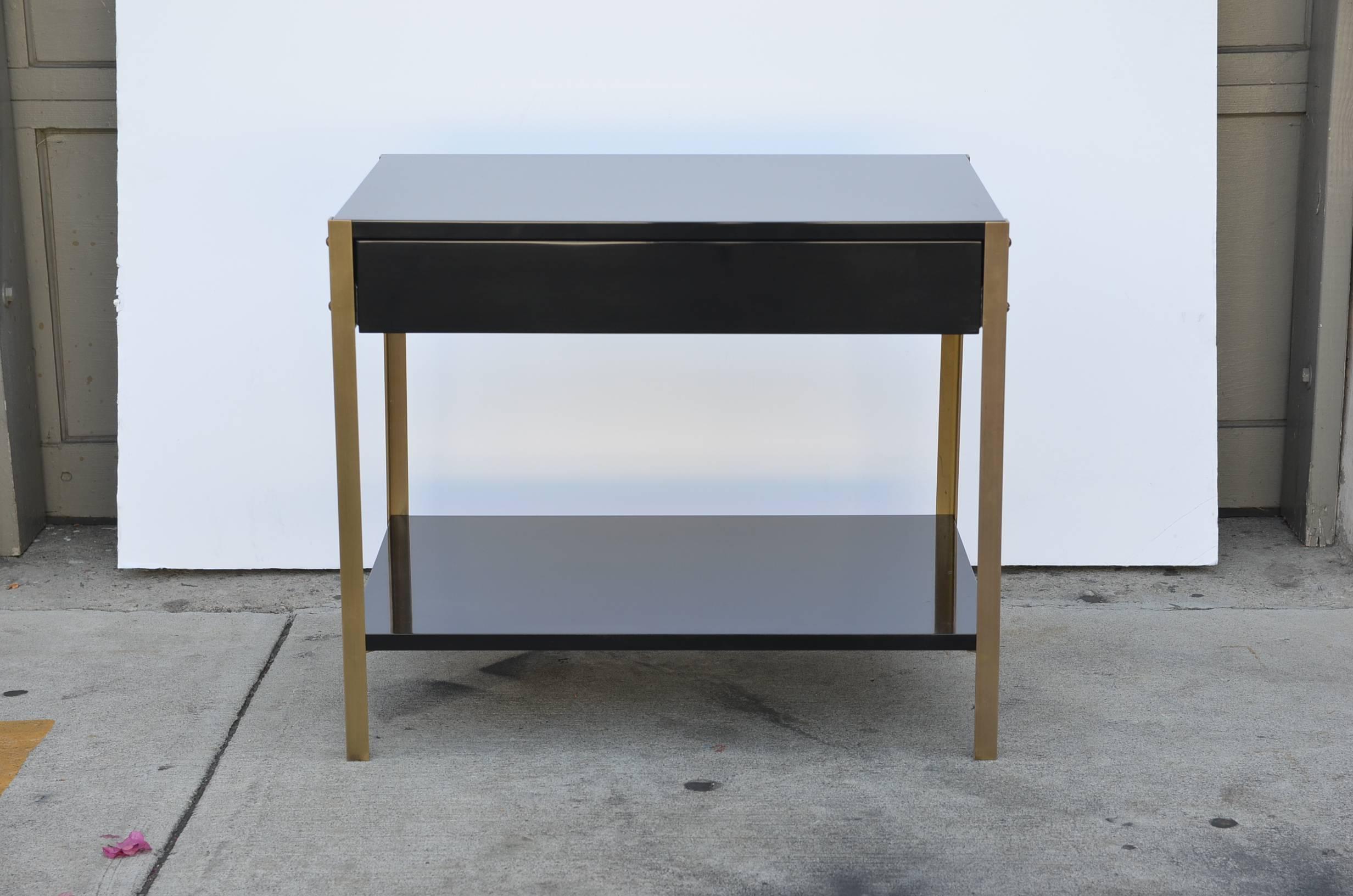 Contemporary Pair of 'Laque' Black Lacquer and Brass Nightstands by Design Frères