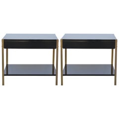 Pair of 'Laque' Black Lacquer and Brass Nightstands by Design Frères