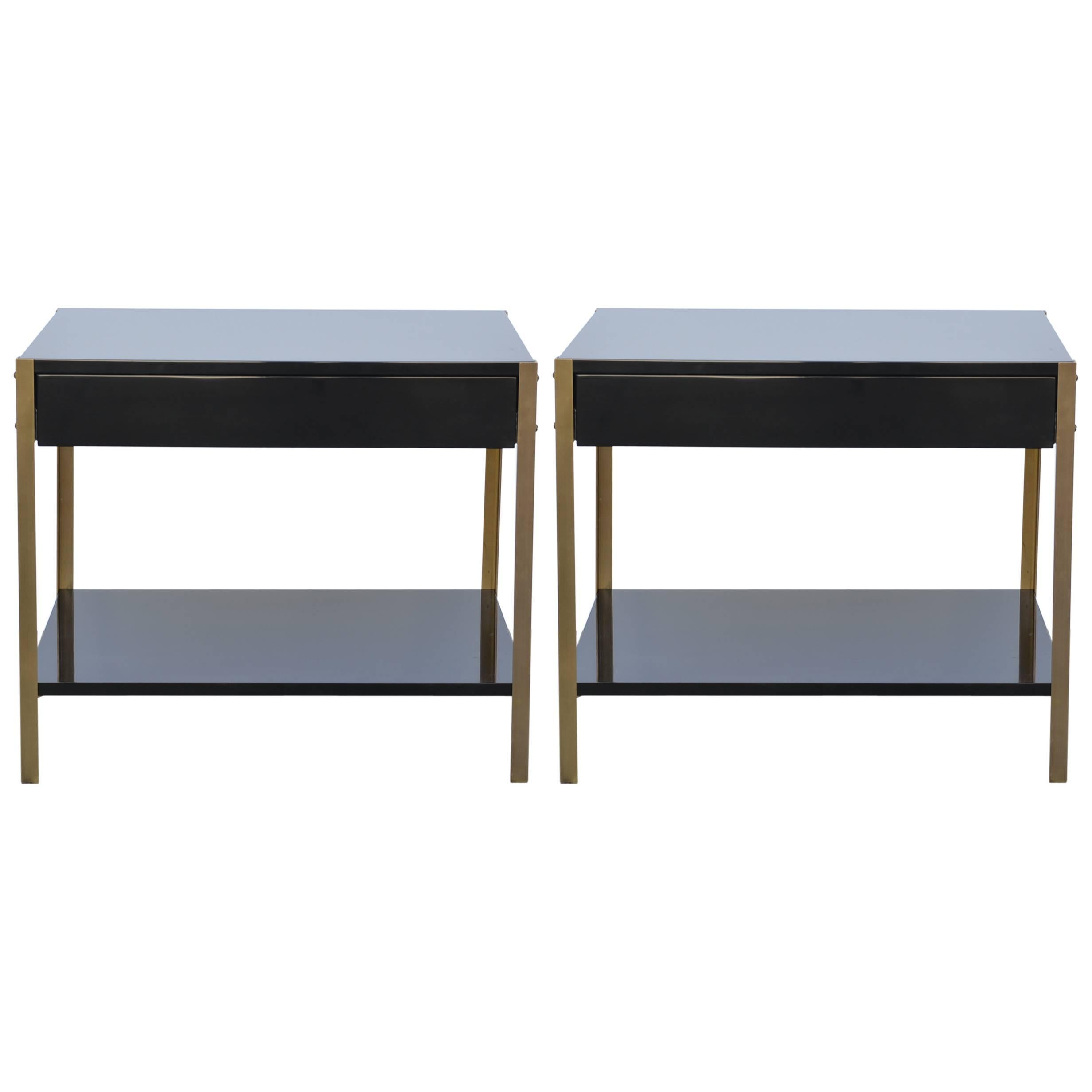 Pair of 'Laque' Black Lacquer and Brass Nightstands by Design Frères For Sale
