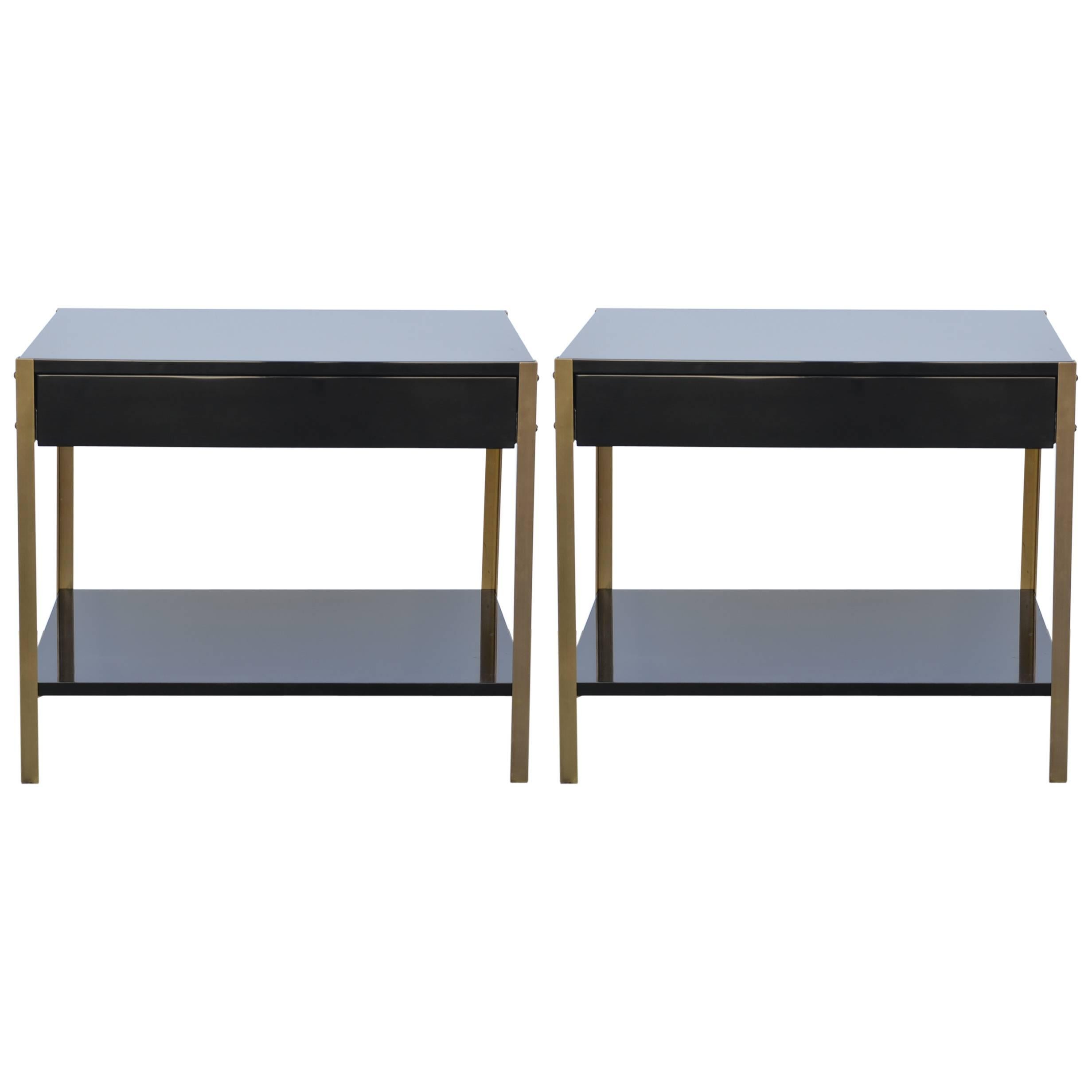 Pair of 'Laque' Black Lacquer and Brass Nightstands by Design Frères