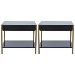 Pair of 'Laque' Black Lacquer and Brass Nightstands by Design Frères