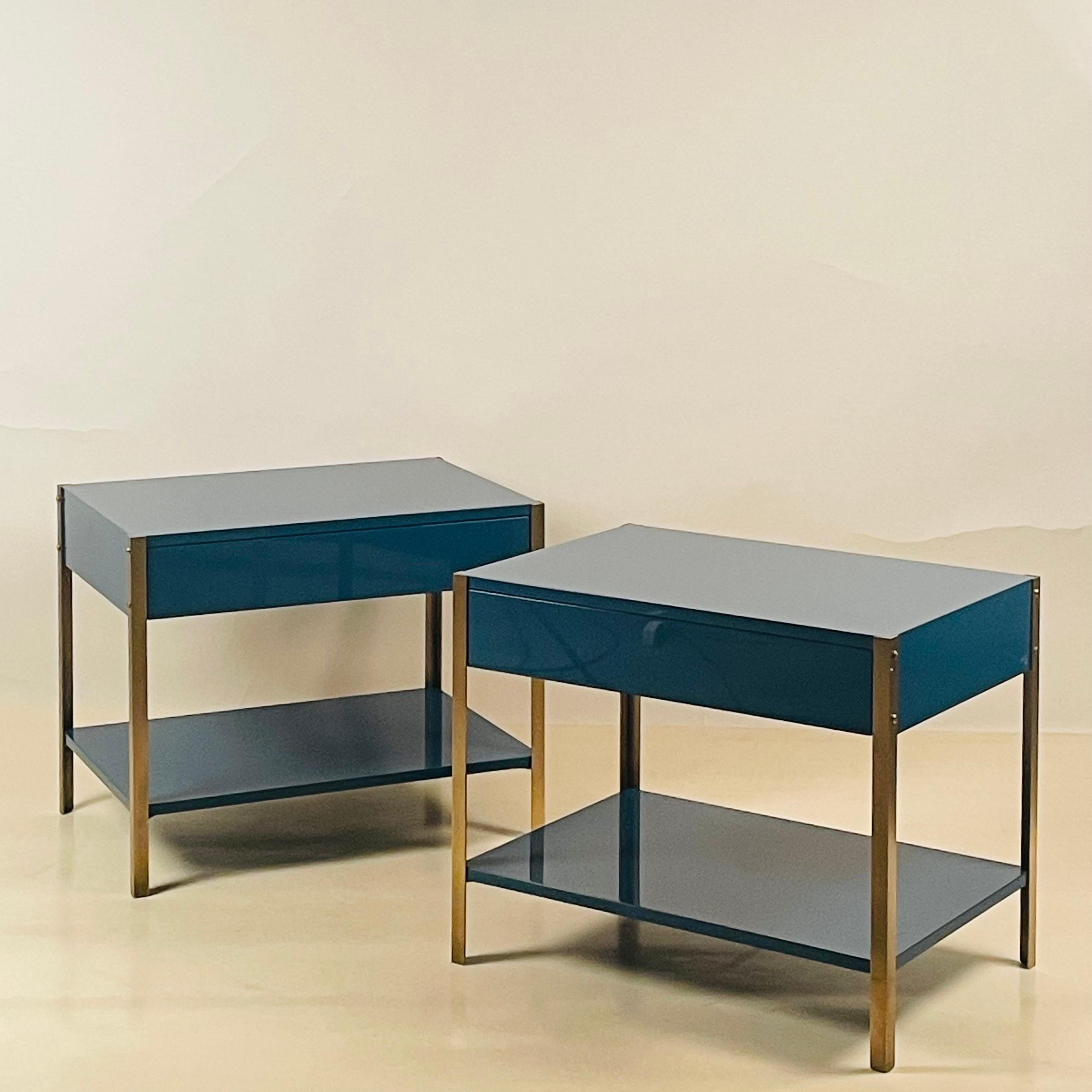 Pair of chic custom color lacquer and brushed brass nightstands in the style of Maison Jansen. Hard lacquer finish with brushed solid brass legs.

Shown here in RAL 5007 high gloss lacquer.

Soft close drawers.