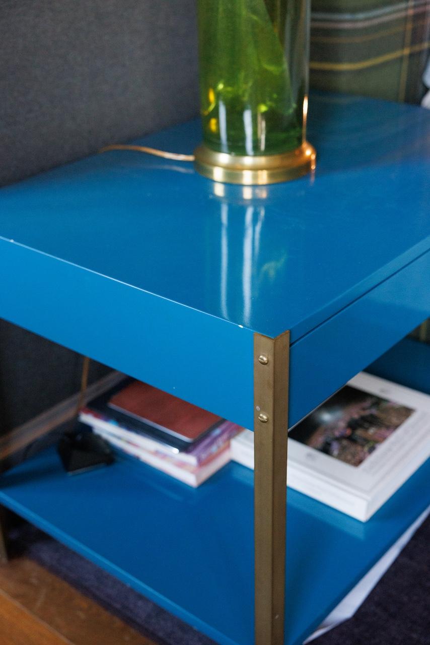 Pair of chic custom color lacquer and brushed brass nightstands in the style of Maison Jansen. Hard lacquer finish with brushed solid brass legs.  Shown here in RAL 5007 high gloss lacquer.  Soft close drawers. Some slight wear on the edge of