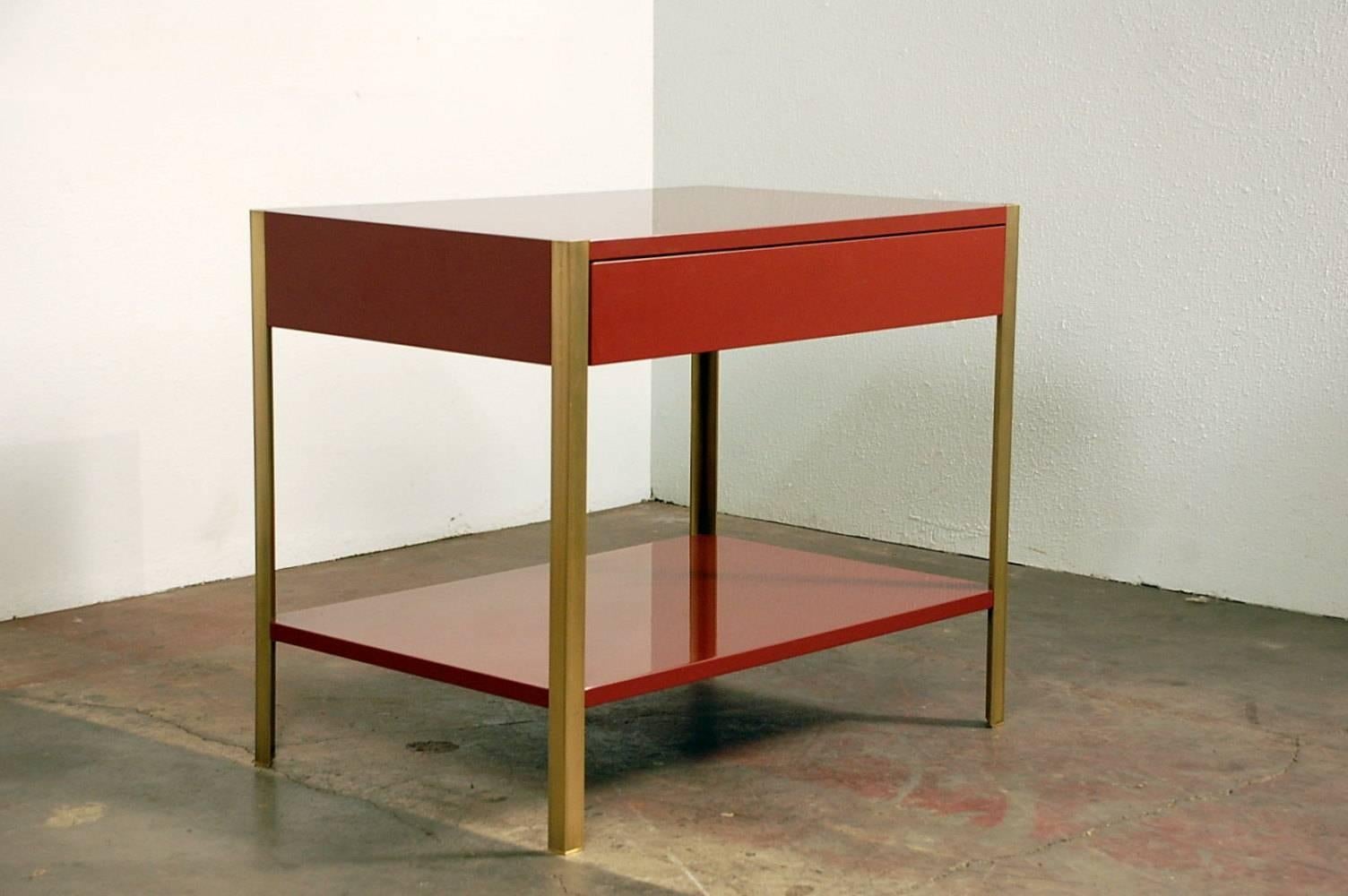 Pair of 'Laque' Oxblood Lacquer and Brass Nightstands by Design Frères In New Condition For Sale In Los Angeles, CA