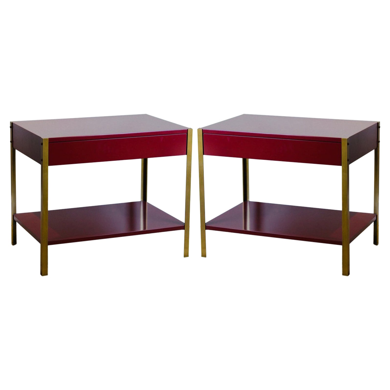 Pair of 'Laque' Oxblood Lacquer and Brass Nightstands by Design Frères
