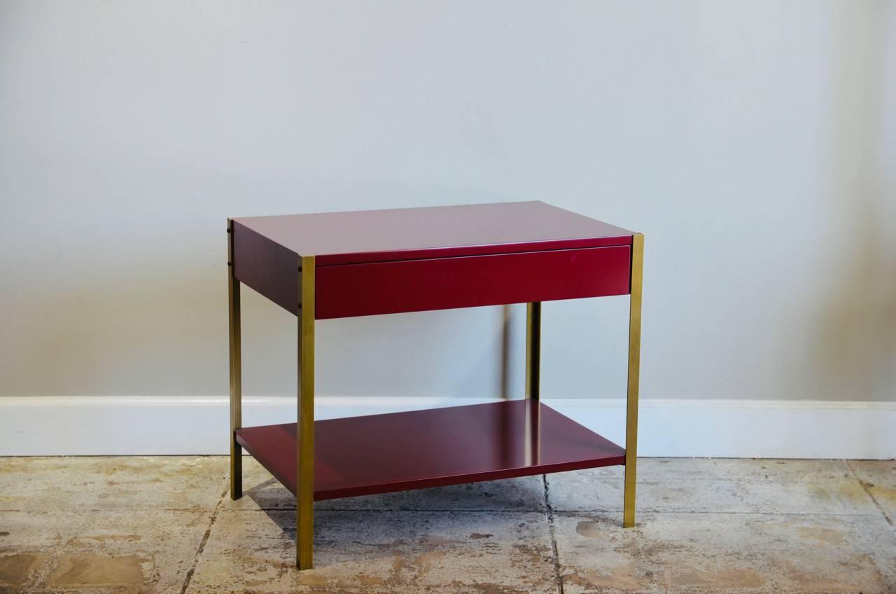 Lacquered Pair of 'Laque' Oxblood Lacquer and Brass Nightstands by Design Frères For Sale