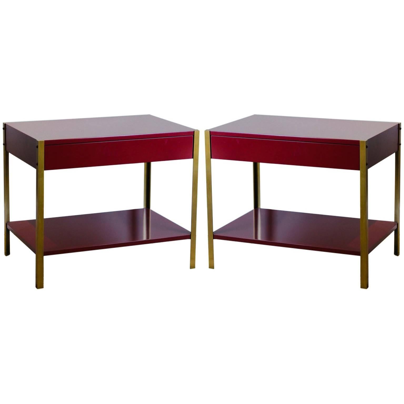 Pair of 'Laque' Oxblood Lacquer and Brass Nightstands by Design Frères