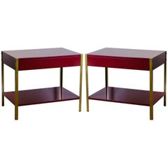 Pair of 'Laque' Oxblood Lacquer and Brass Nightstands by Design Frères