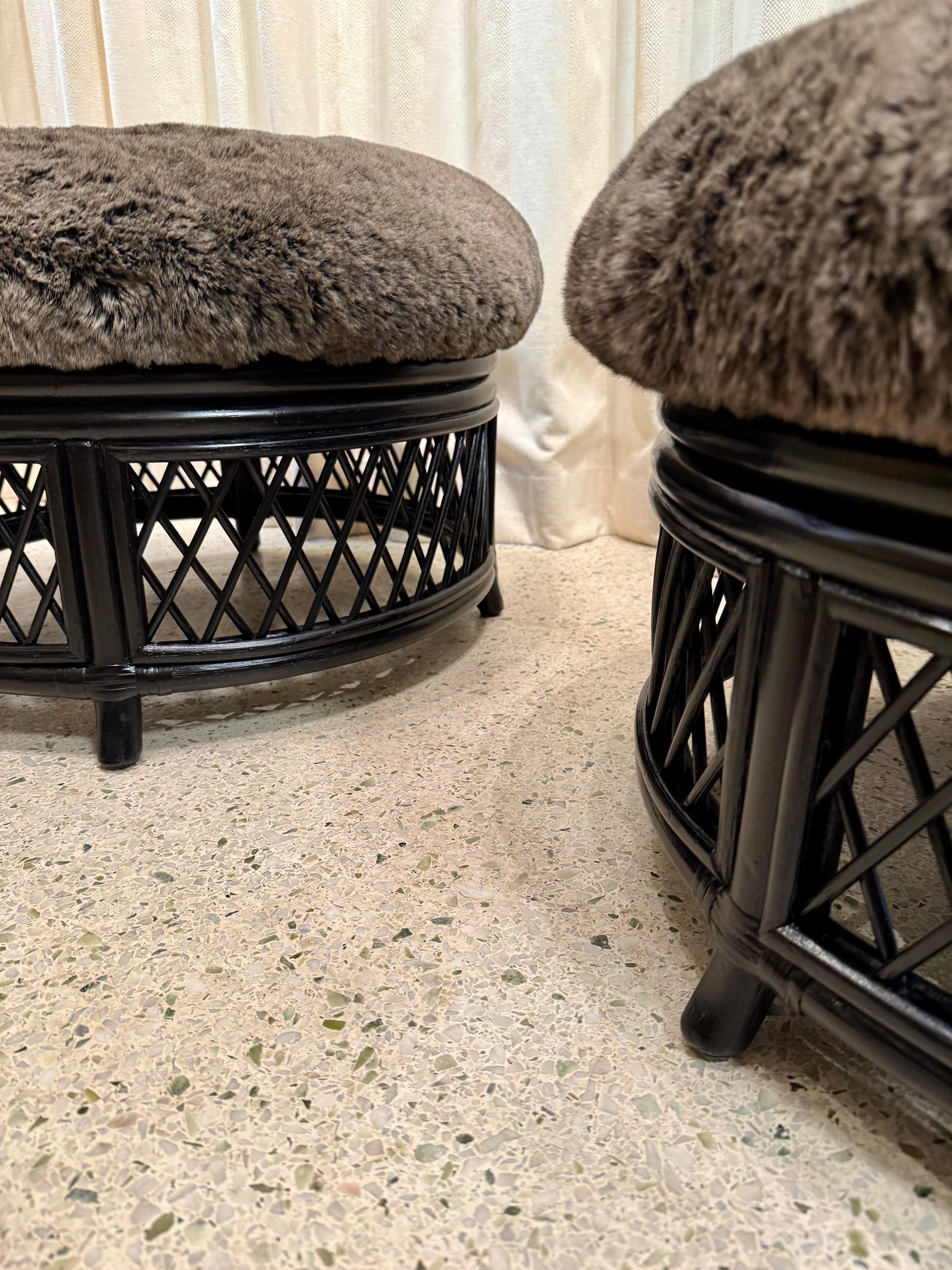 Mid-Century Modern Pair of Laquered Bamboo Ottomans-Poufs w/ Faux Fur Seats, Pair For Sale